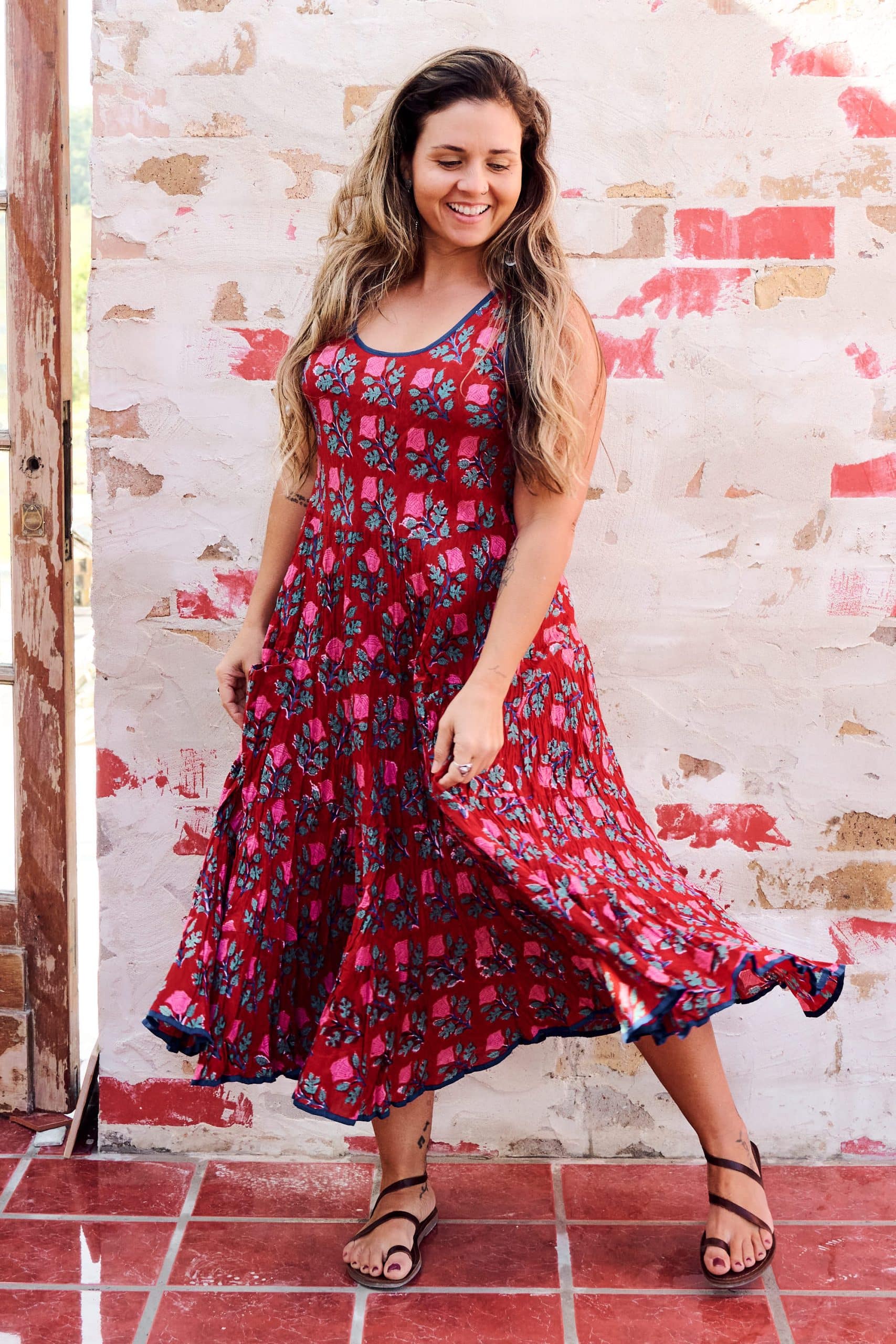 Womens, midi, Flamenco Dress, sleeveless, 100% Cotton, hand block print. Pink & Red - Ruby Veda