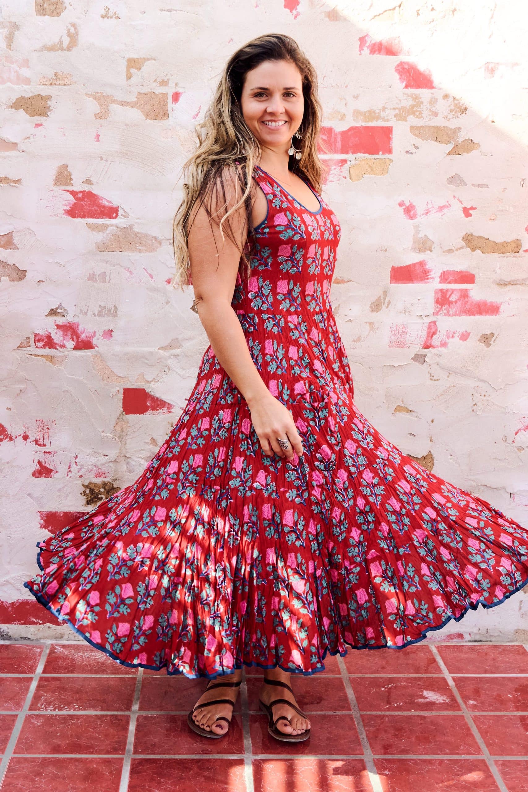 Womens, midi, Flamenco Dress, sleeveless, 100% Cotton, hand block print. Pink & Red - Ruby Veda