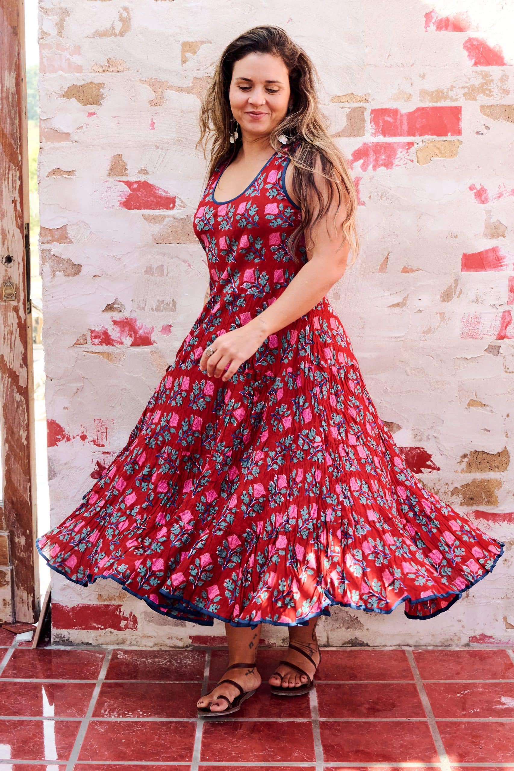 Womens, midi, Flamenco Dress, sleeveless, 100% Cotton, hand block print. Pink & Red - Ruby Veda