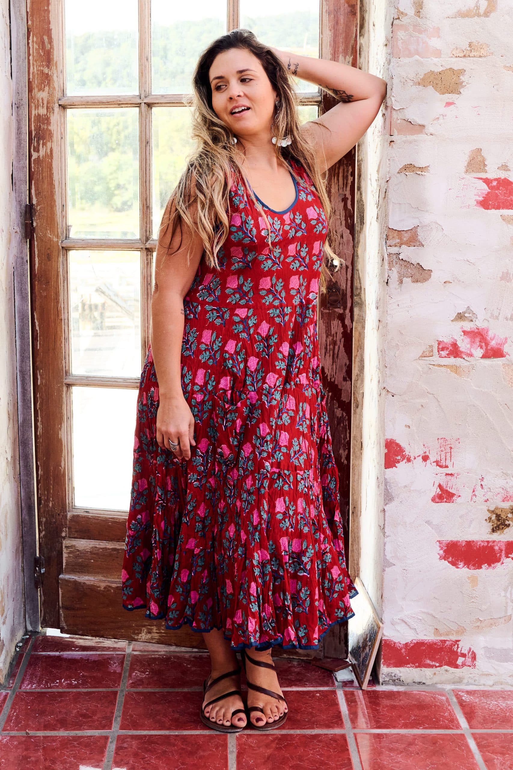 Womens, midi, Flamenco Dress, sleeveless, 100% Cotton, hand block print. Pink & Red - Ruby Veda