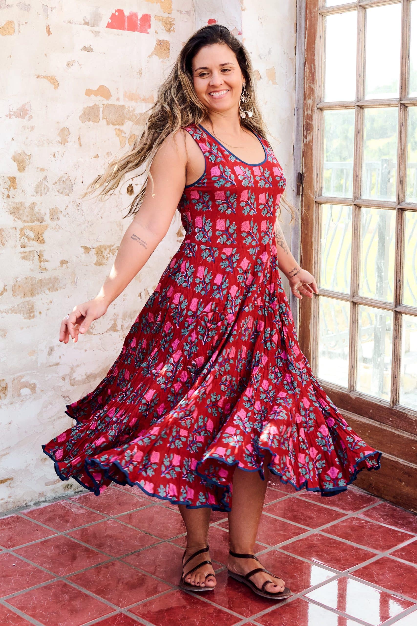 Womens, midi, Flamenco Dress, sleeveless, 100% Cotton, hand block print. Pink & Red - Ruby Veda