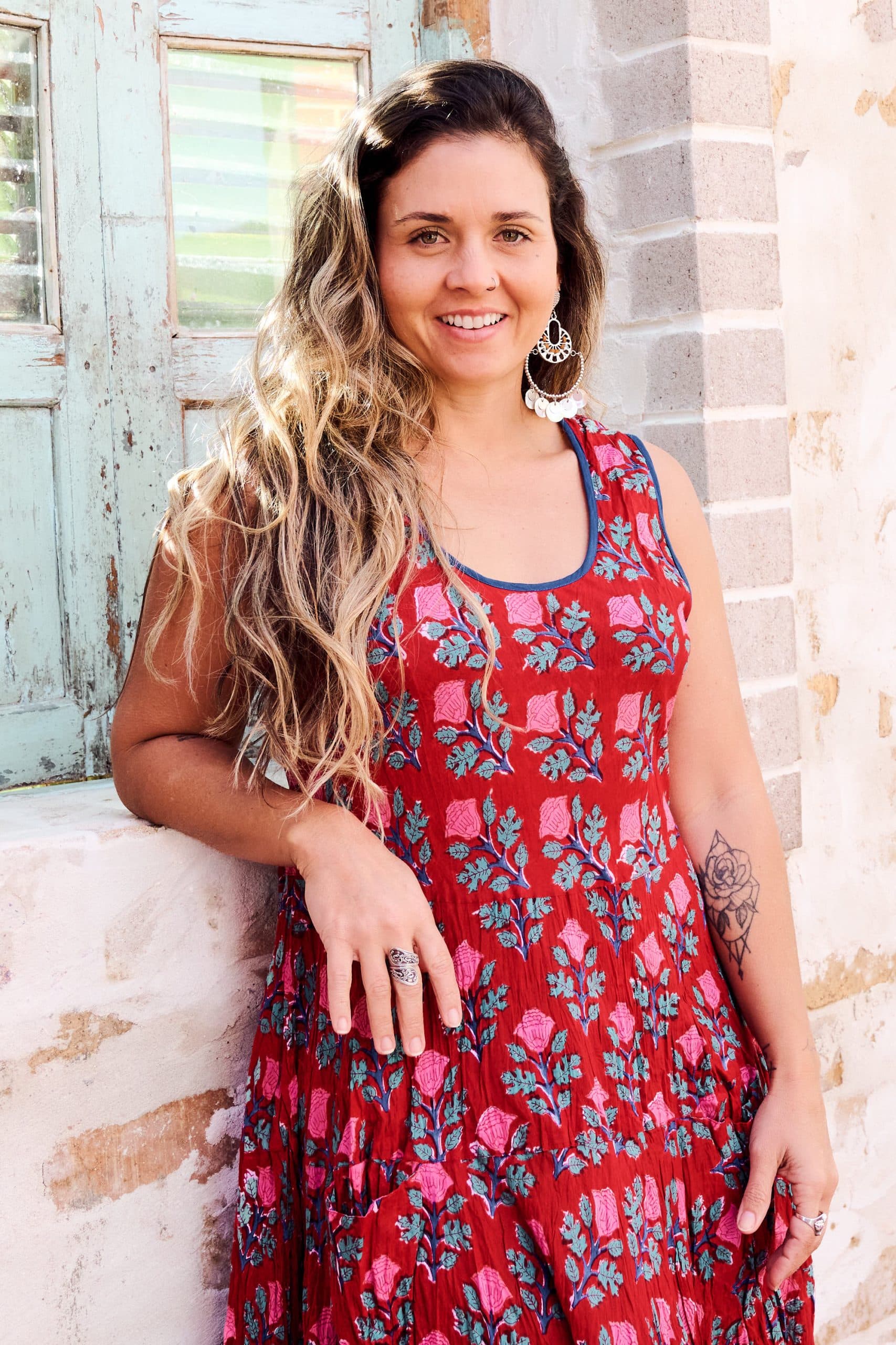 Womens, midi, Flamenco Dress, sleeveless, 100% Cotton, hand block print. Pink & Red - Ruby Veda