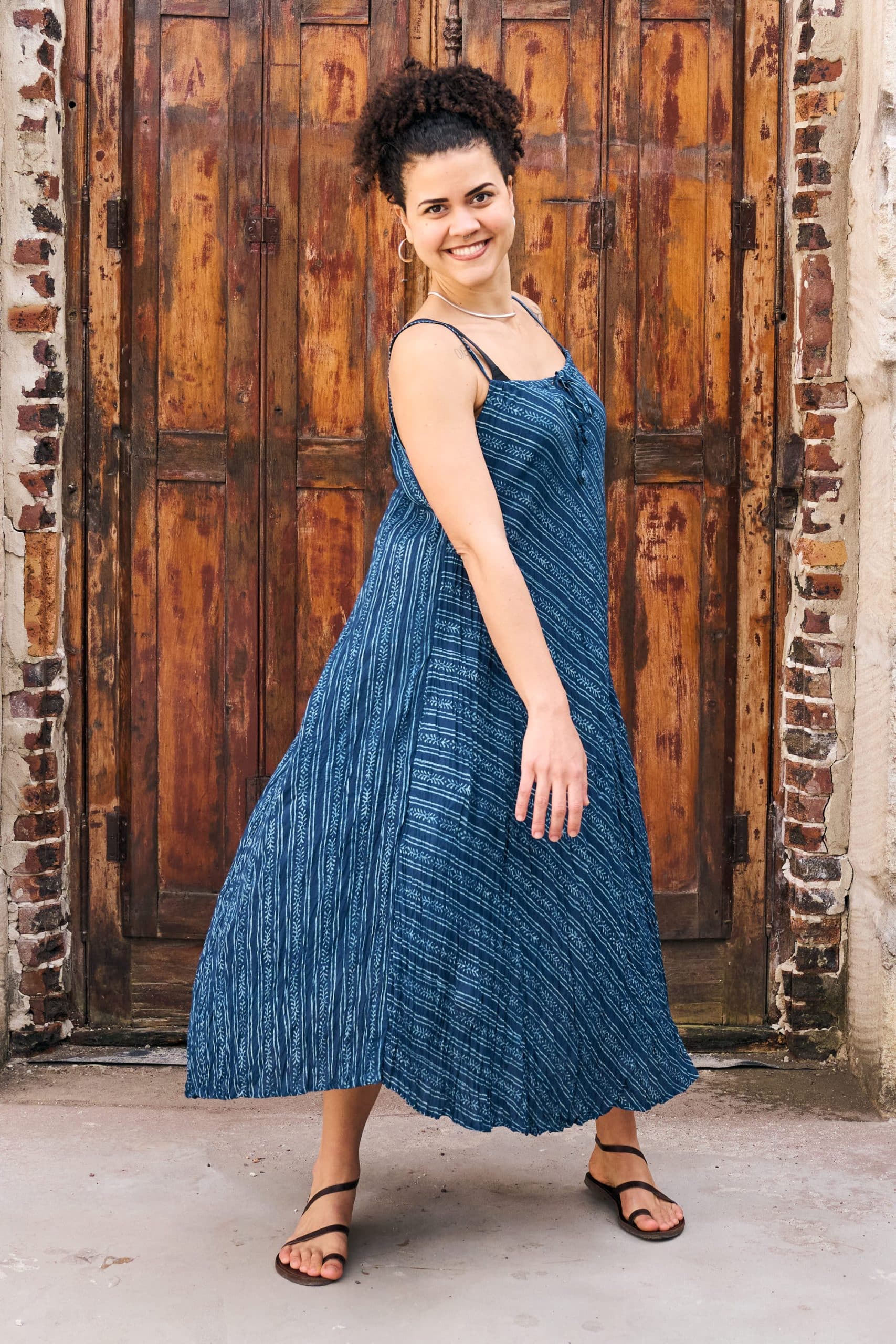 Womens, midi, maxi, Aveline Dress, spaghetti straps, spiral swing, 100% Cotton, hand block print. Natural Blue - Indigo Whisper