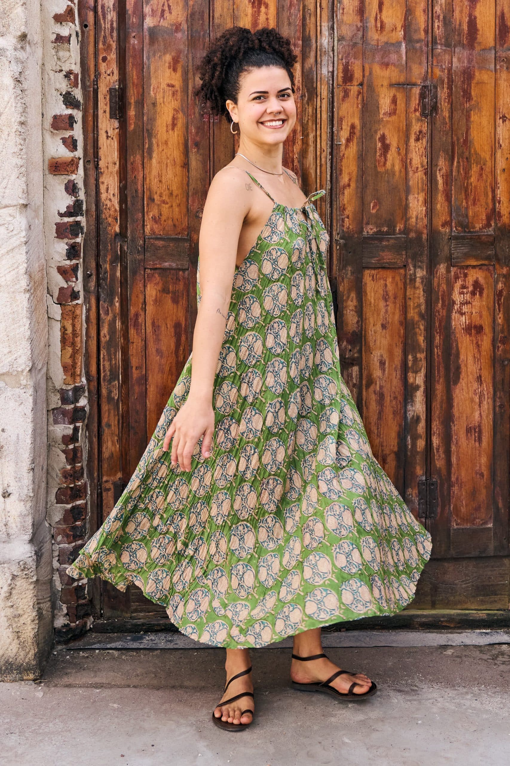 Womens, midi, maxi, Aveline Dress, spaghetti straps, spiral swing, 100% Cotton, hand block print. Green tones - Edentree