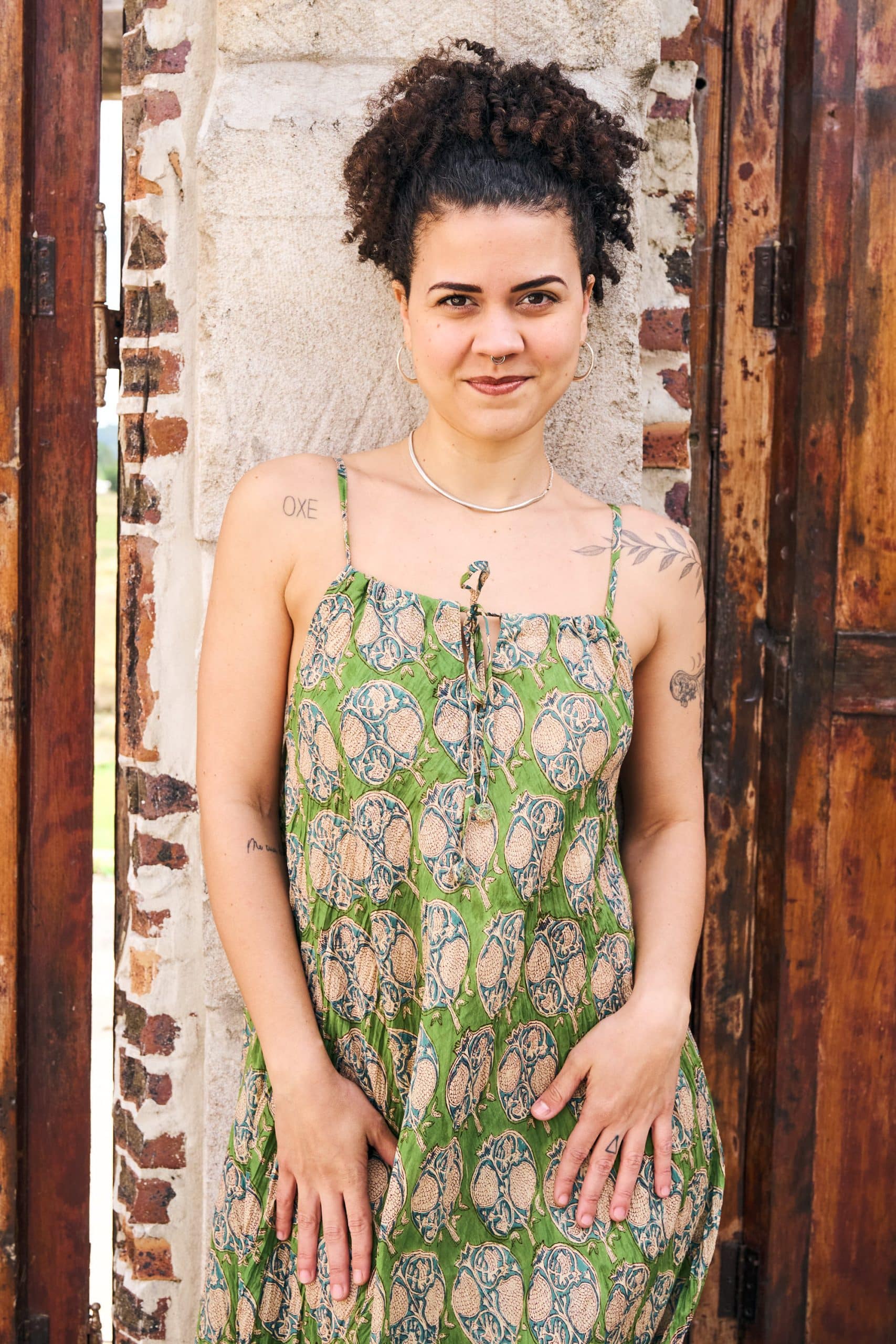Womens, midi, maxi, Aveline Dress, spaghetti straps, spiral swing, 100% Cotton, hand block print. Green tones - Edentree