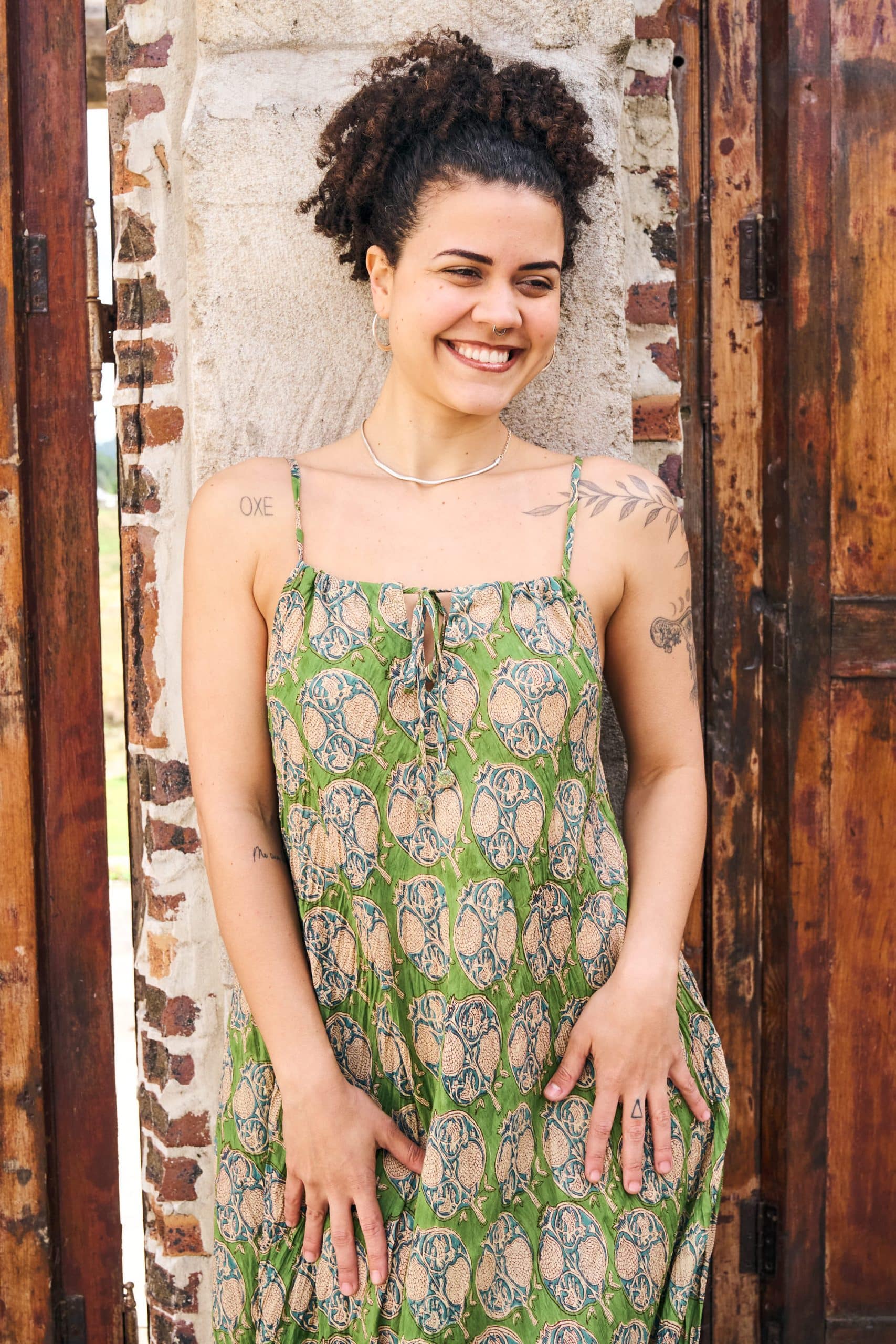 Womens, midi, maxi, Aveline Dress, spaghetti straps, spiral swing, 100% Cotton, hand block print. Green tones - Edentree