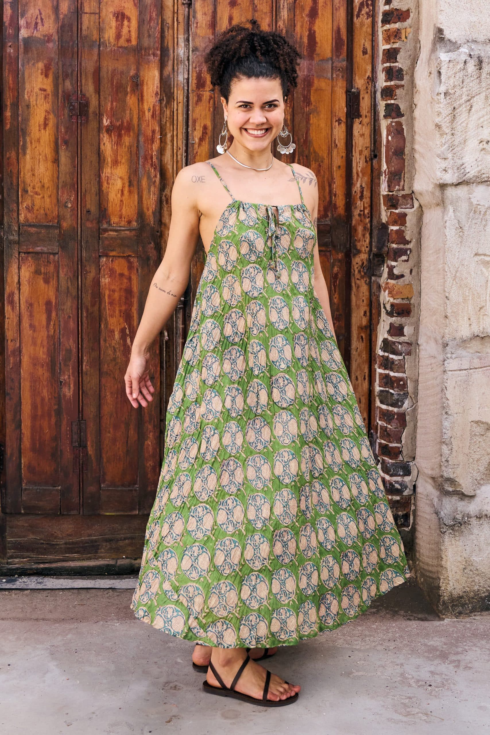 Womens, midi, maxi, Aveline Dress, spaghetti straps, spiral swing, 100% Cotton, hand block print. Green tones - Edentree