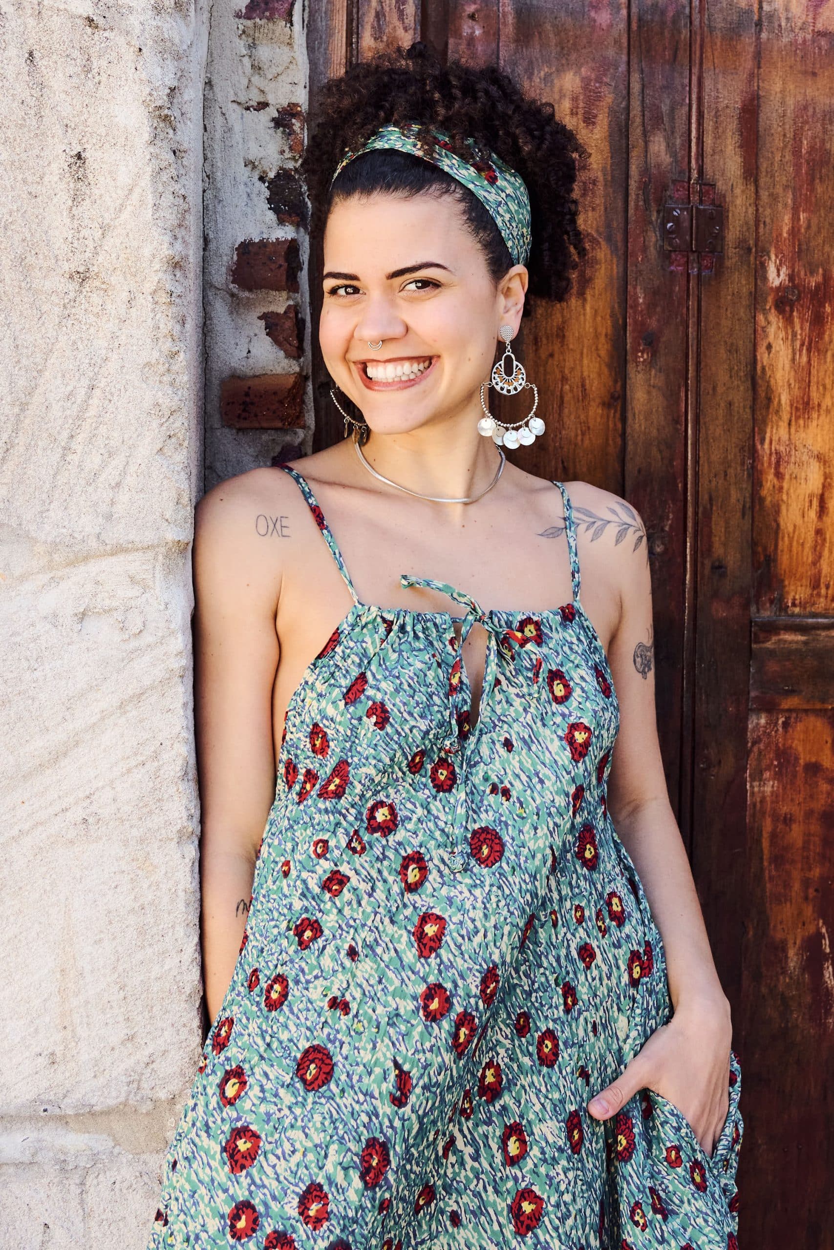 Womens, midi, maxi, Aveline Dress, spaghetti straps, spiral swing, 100% Cotton, hand block print. Blue with pops of red - Allegra