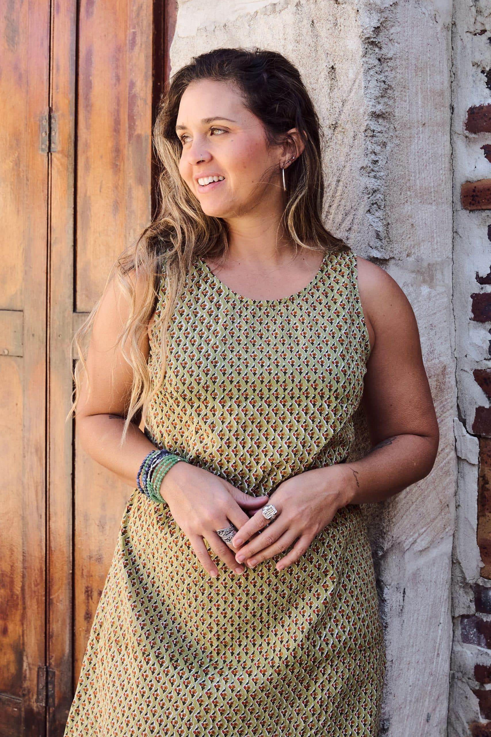 Womens, mini, Tivoli Dress, sleeveless, 100% Cotton, hand block print. Olive Green - Nimira
