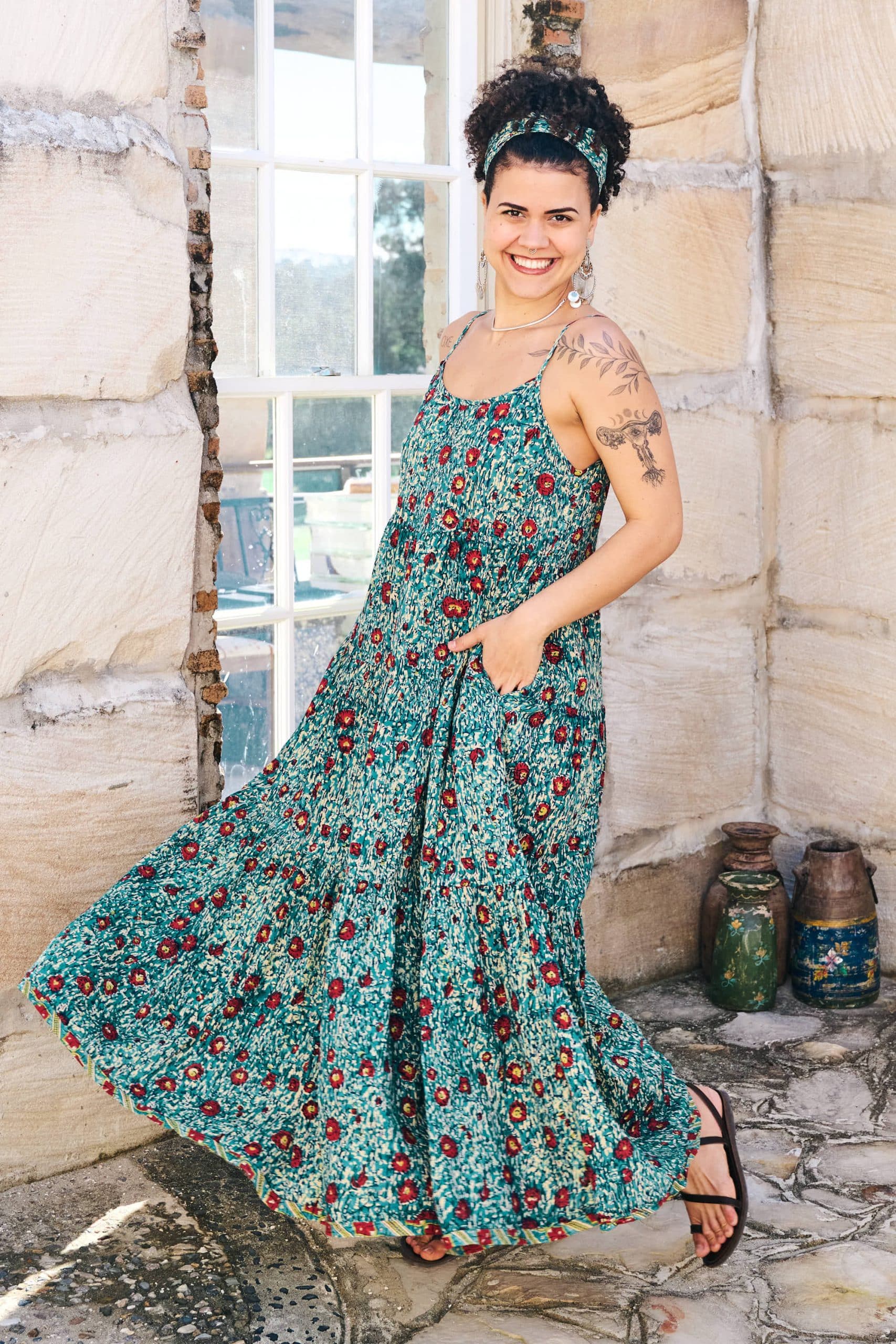 Womens, maxi, Sabine Dress, adjustable spaghetti straps, tiered, with belt. 100% Cotton, hand block print. Blue with pops of red - Allegra