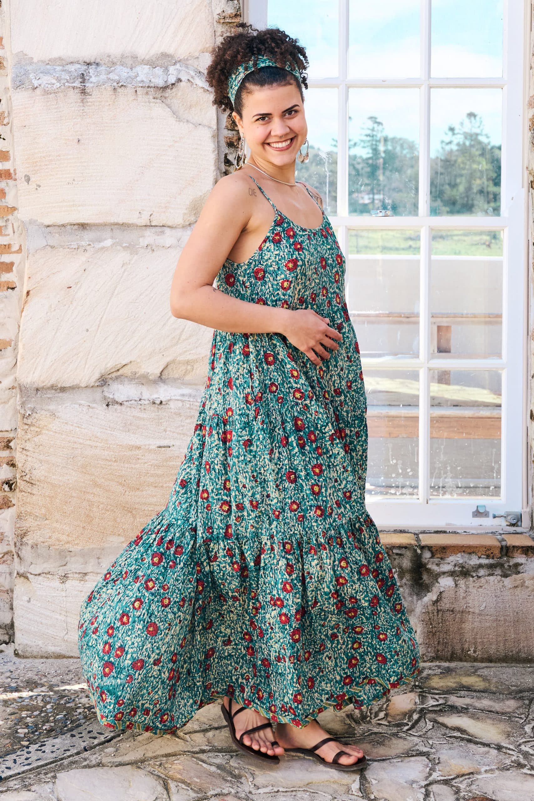 Womens, maxi, Sabine Dress, adjustable spaghetti straps, tiered, with belt. 100% Cotton, hand block print. Blue with pops of red - Allegra