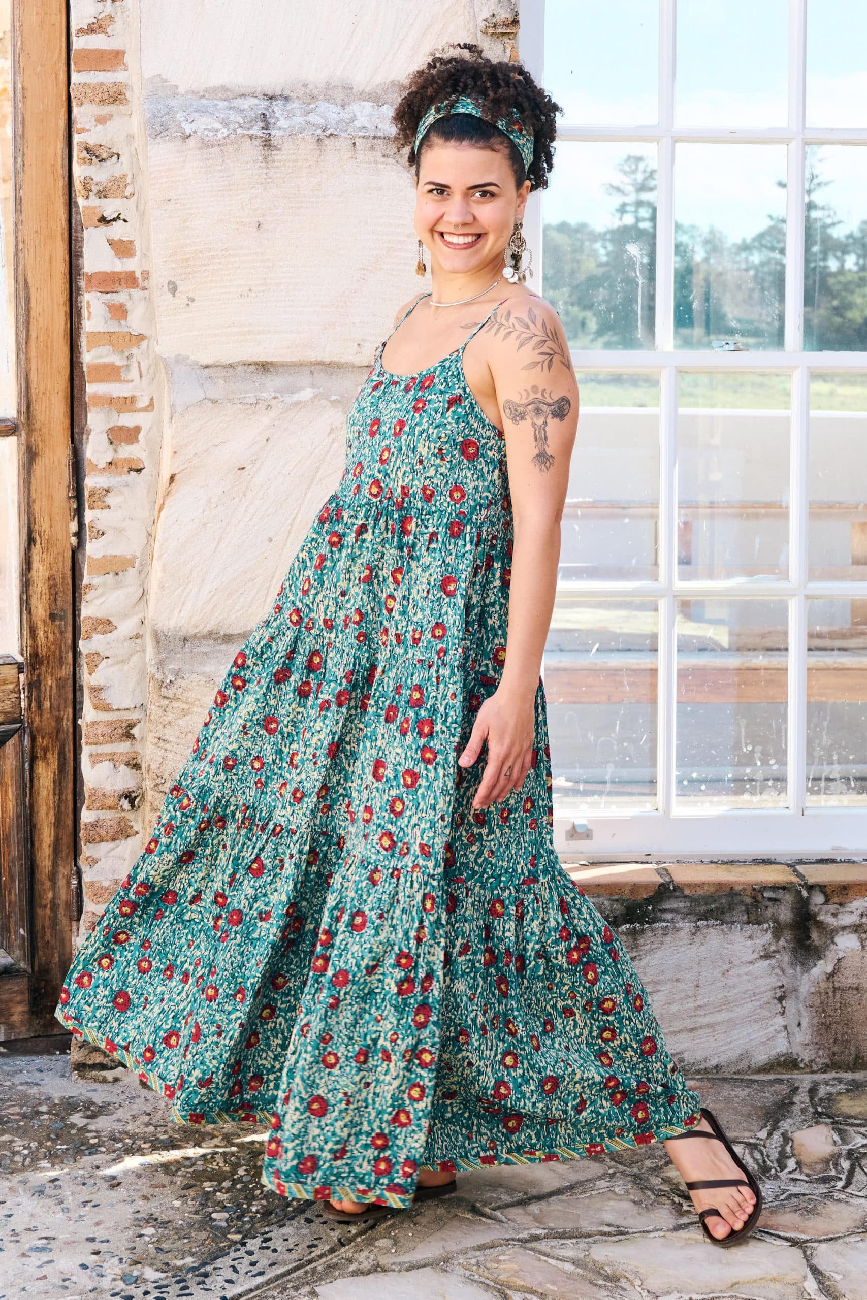 Womens, maxi, Sabine Dress, adjustable spaghetti straps, tiered, with belt. 100% Cotton, hand block print. Blue with pops of red - Allegra