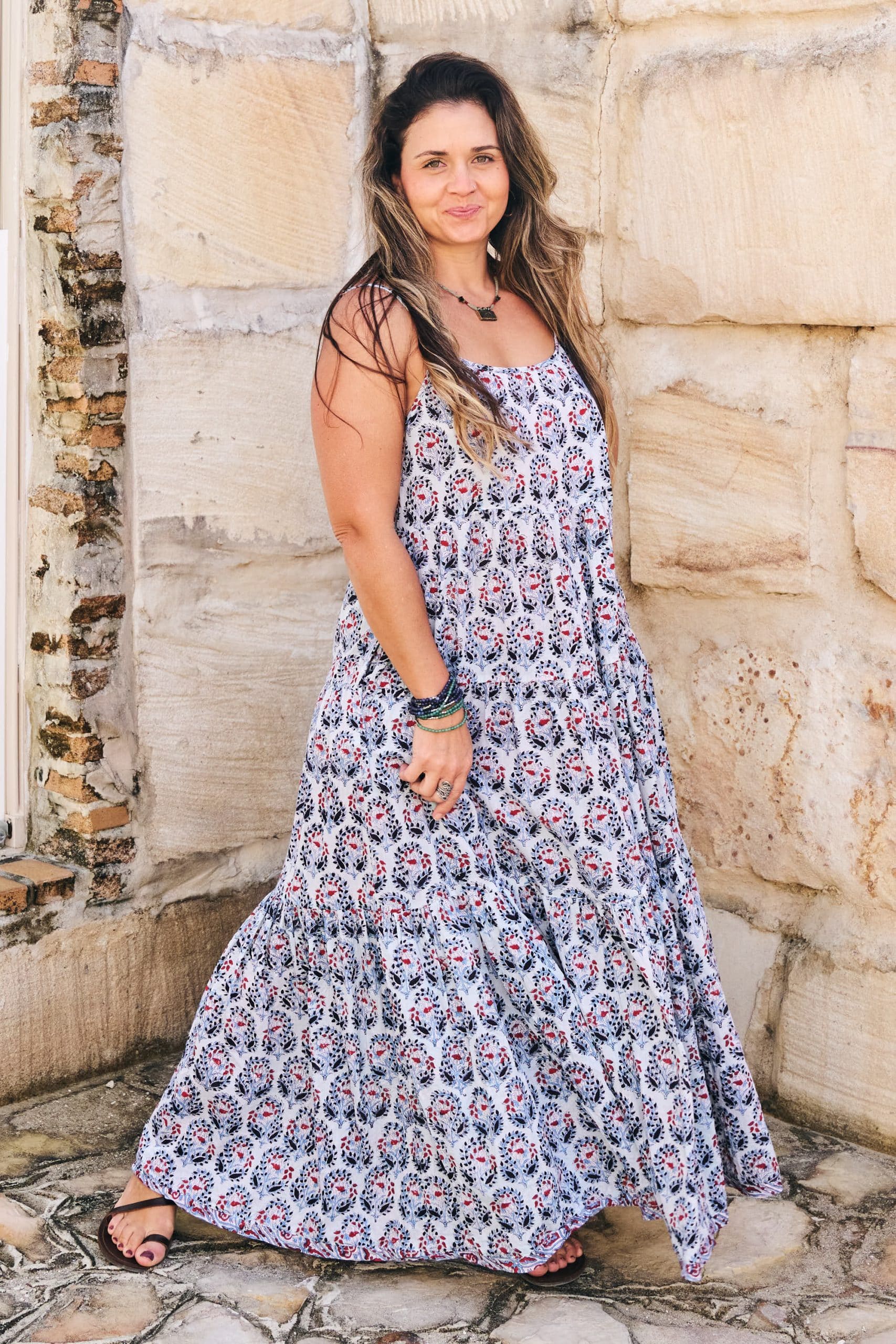 Womens, maxi, Sabine Dress, adjustable spaghetti straps, tiered, with belt. 100% Cotton, hand block print. Saphire Blue - Saphira