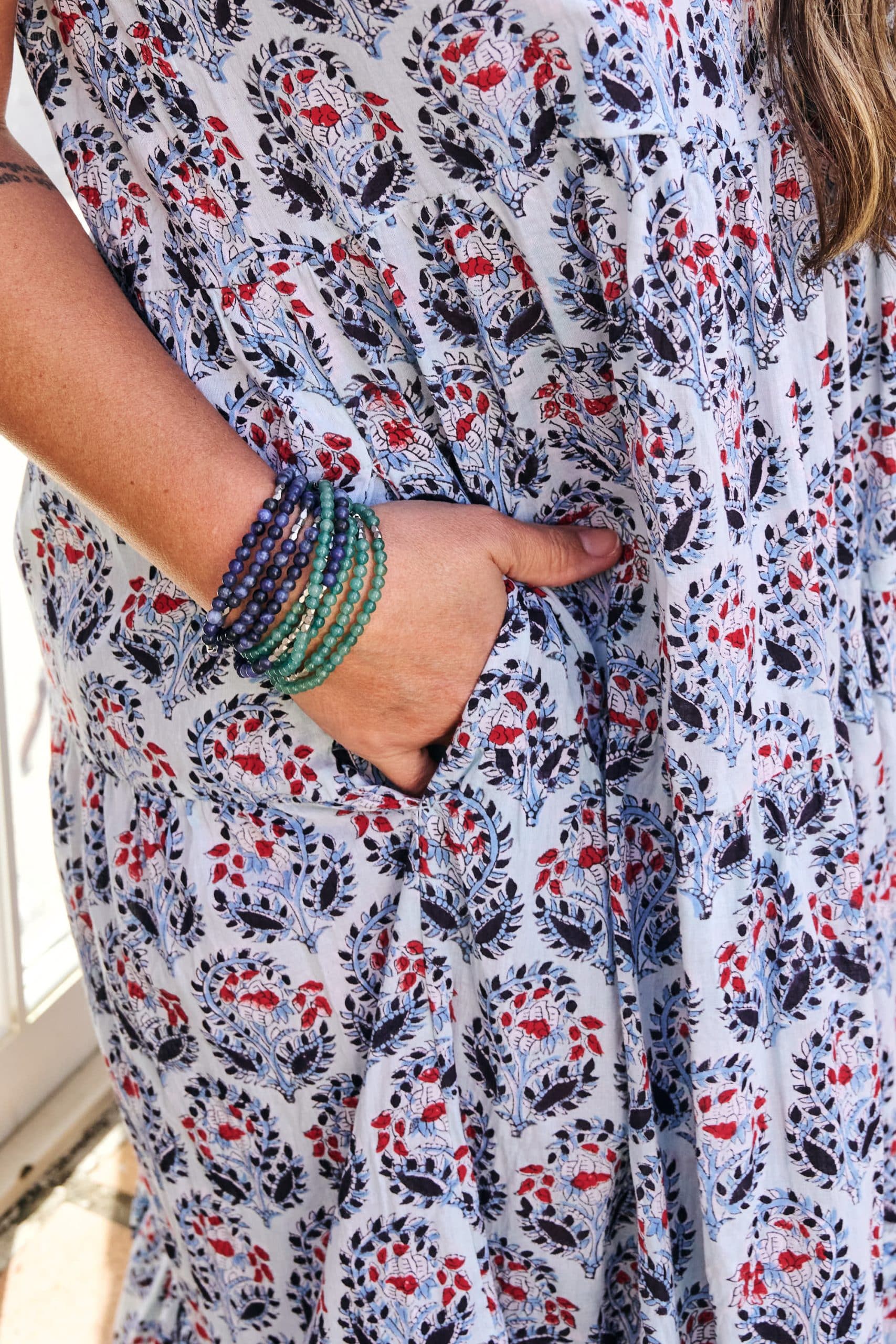 Womens, maxi, Sabine Dress, adjustable spaghetti straps, tiered, with belt. 100% Cotton, hand block print. Saphire Blue - Saphira
