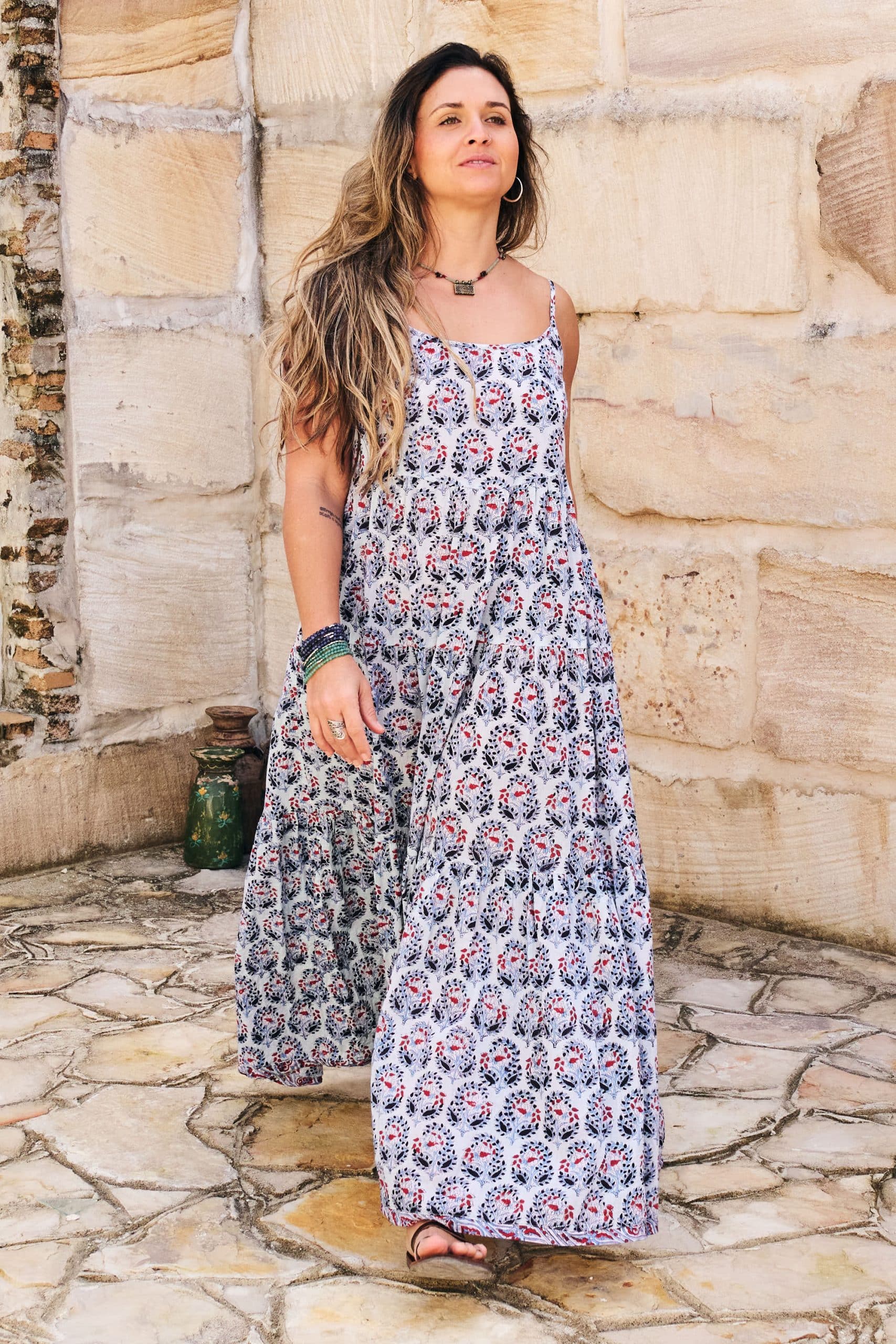 Womens, maxi, Sabine Dress, adjustable spaghetti straps, tiered, with belt. 100% Cotton, hand block print. Saphire Blue - Saphira
