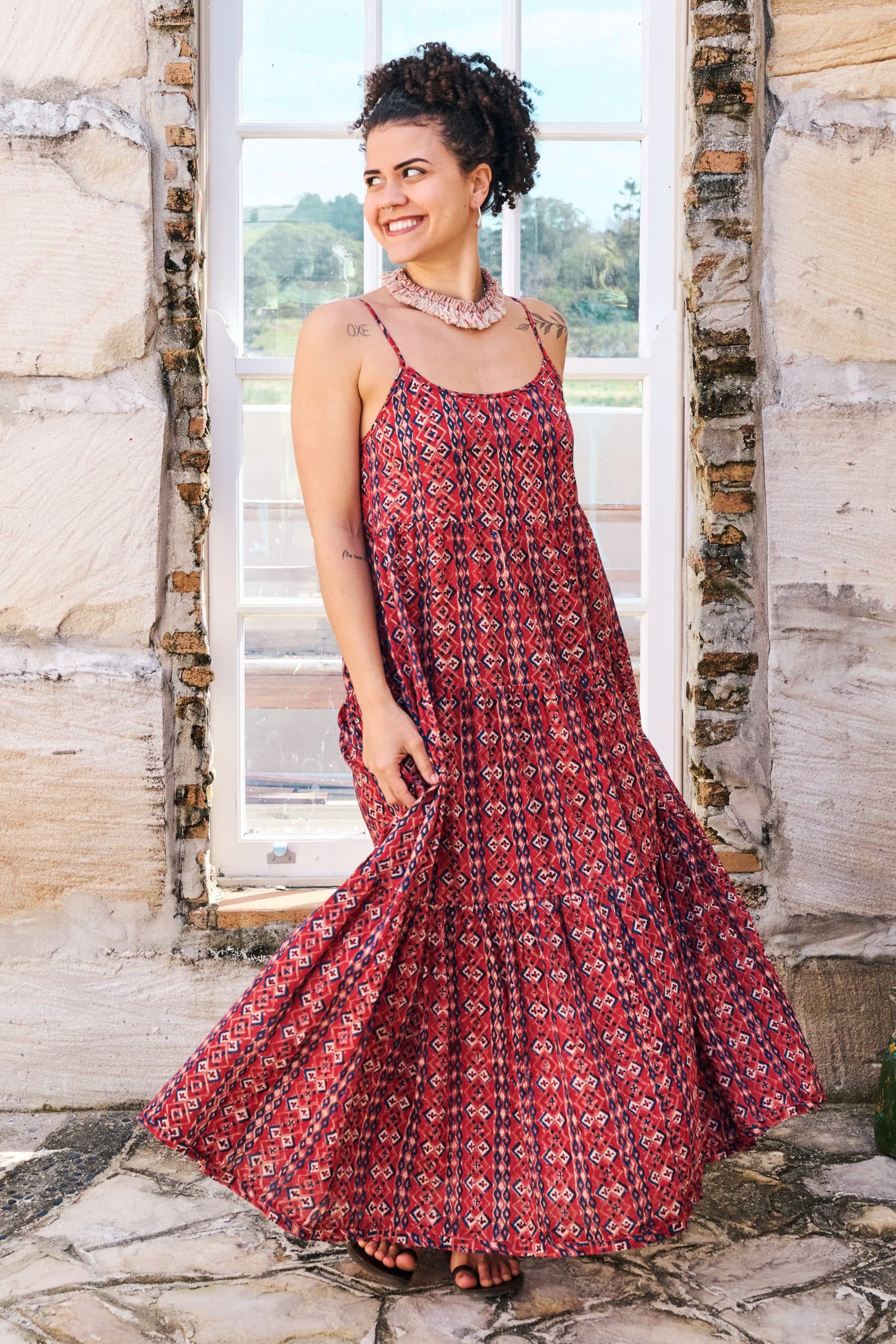 Womens, maxi, Sabine Dress, adjustable spaghetti straps, tiered, with belt. 100% Cotton, hand block print. Aztec Red - Tavira