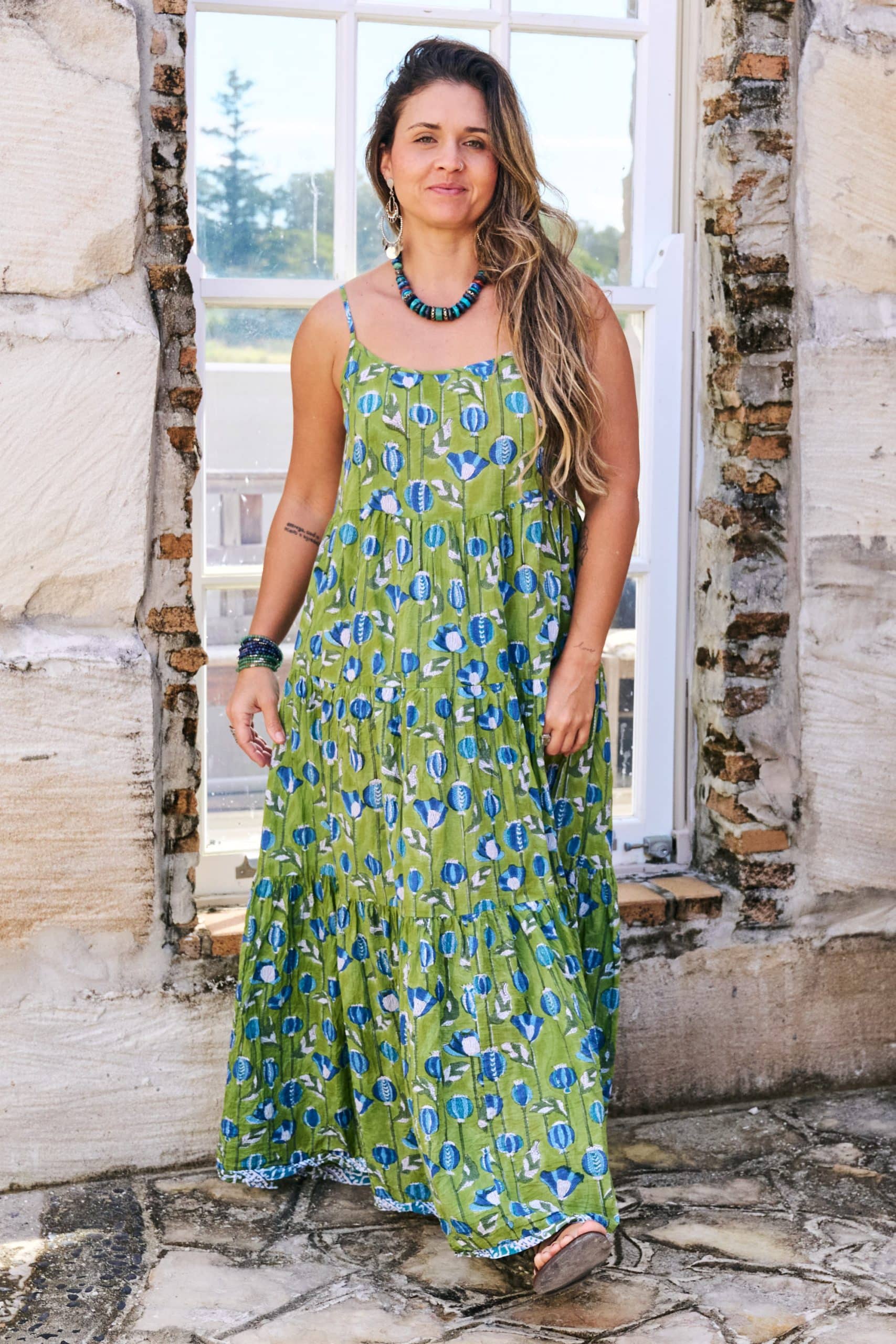 Womens, maxi, Sabine Dress, adjustable spaghetti straps, tiered, with belt. 100% Cotton, hand block print. Summer Green - Verde