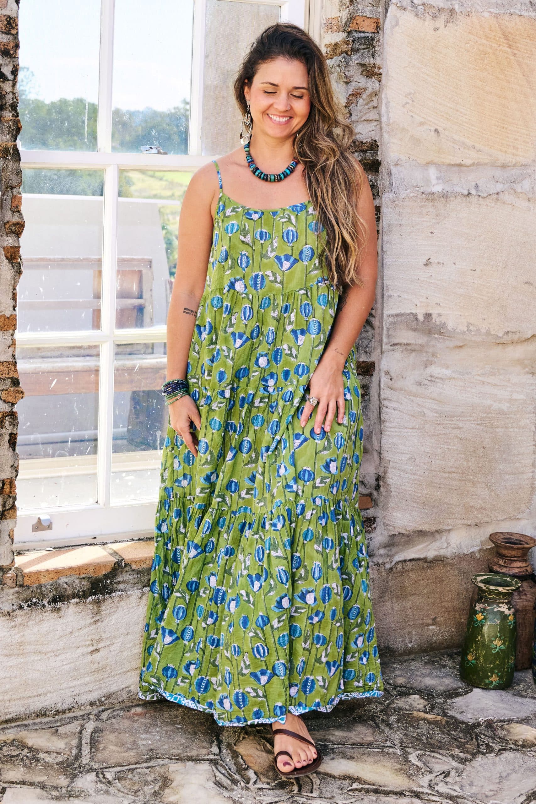Womens, maxi, Sabine Dress, adjustable spaghetti straps, tiered, with belt. 100% Cotton, hand block print. Summer Green - Verde