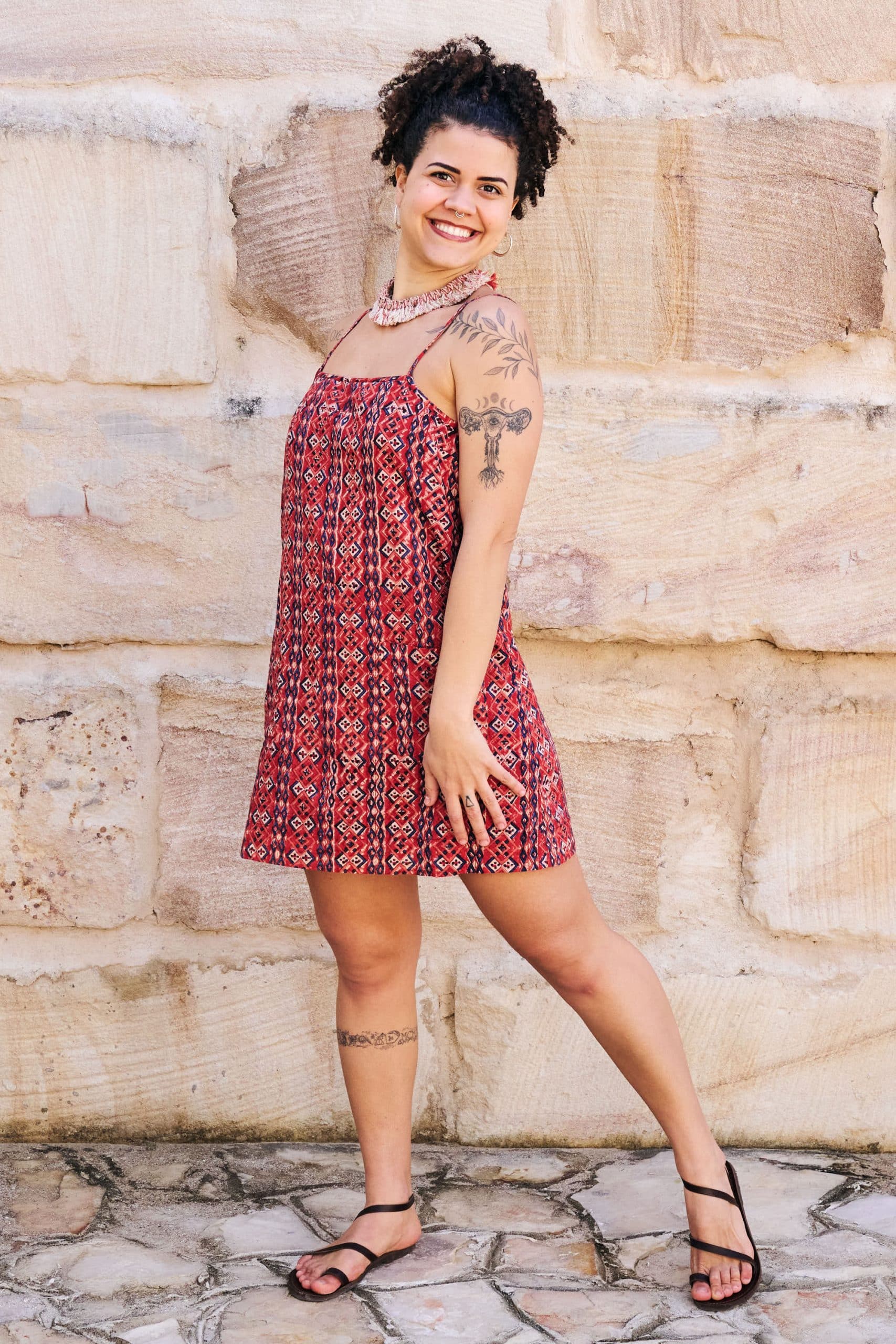 Womens, mini, Peggy Dress, adjustable spaghetti straps, 100% Cotton, hand block print. Aztec Red - Tavira