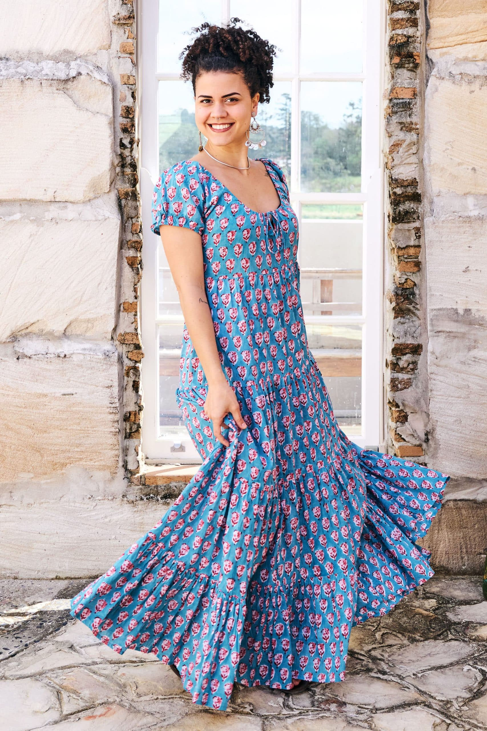 Womens, maxi, Odette Dress, cap sleeves, tiered, low neckline. 100% Cotton, hand block print. Soft & Feminine - Blue Gem