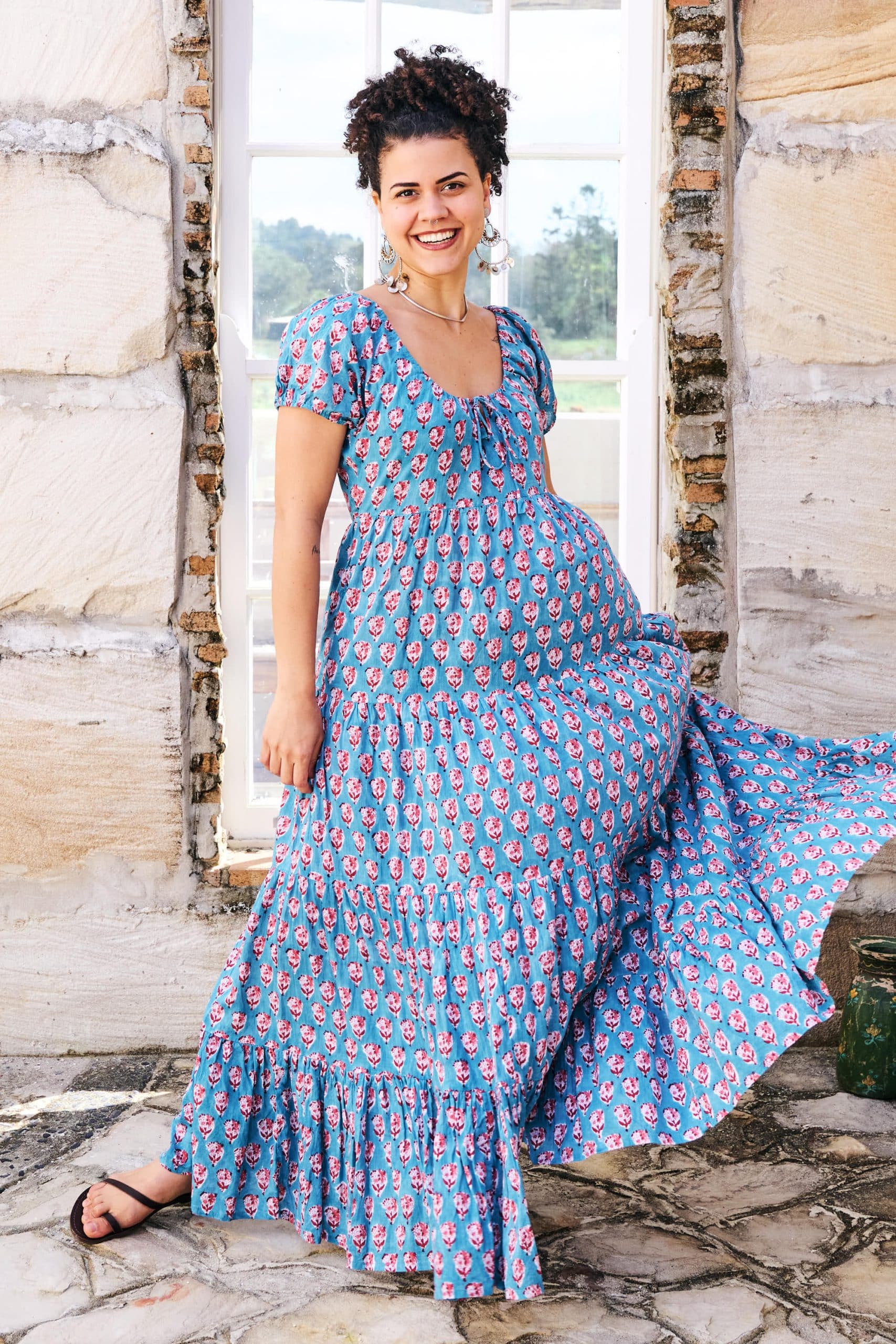 Womens, maxi, Odette Dress, cap sleeves, tiered, low neckline. 100% Cotton, hand block print. Soft & Feminine - Blue Gem
