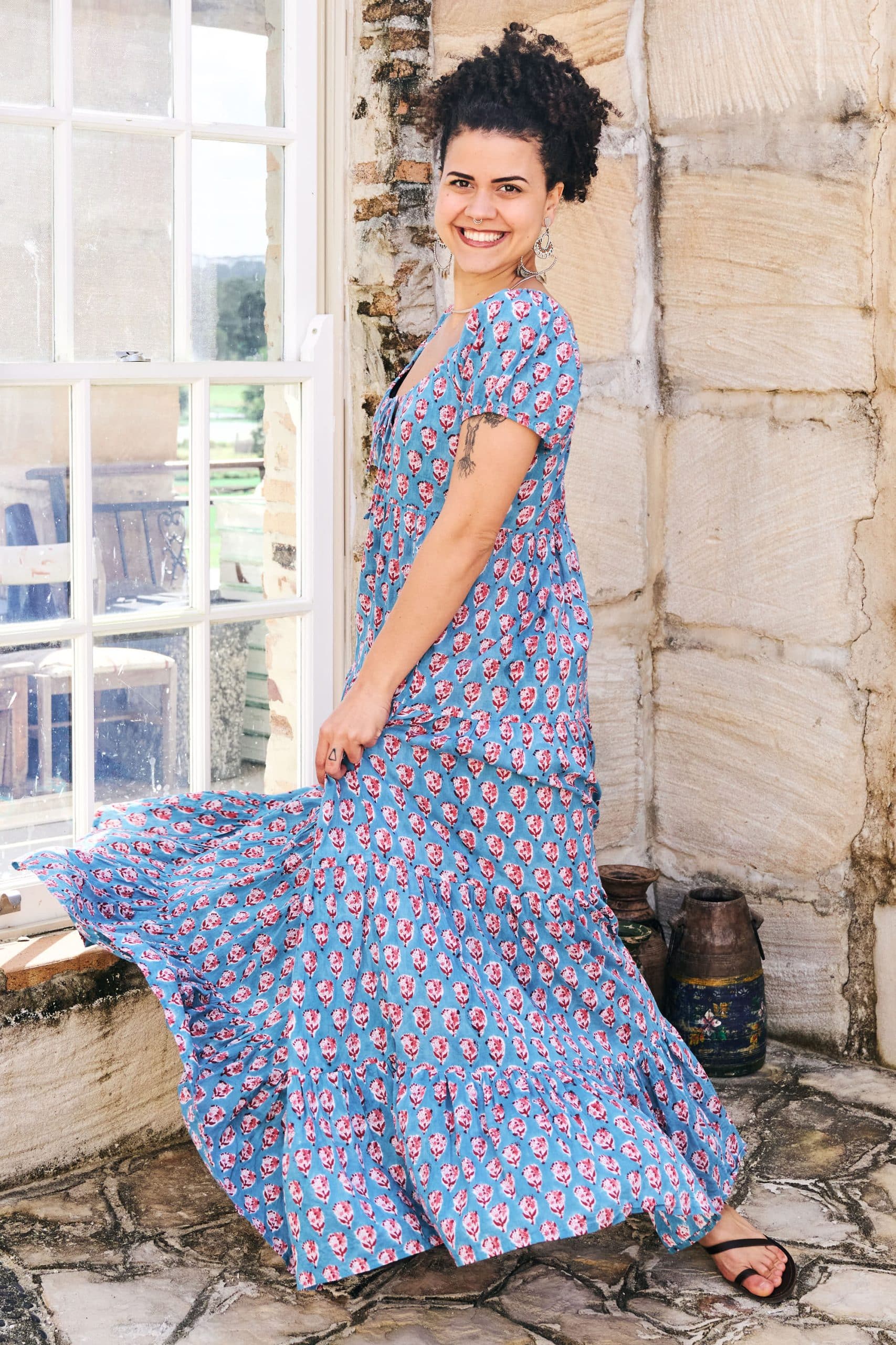 Womens, maxi, Odette Dress, cap sleeves, tiered, low neckline. 100% Cotton, hand block print. Soft & Feminine - Blue Gem