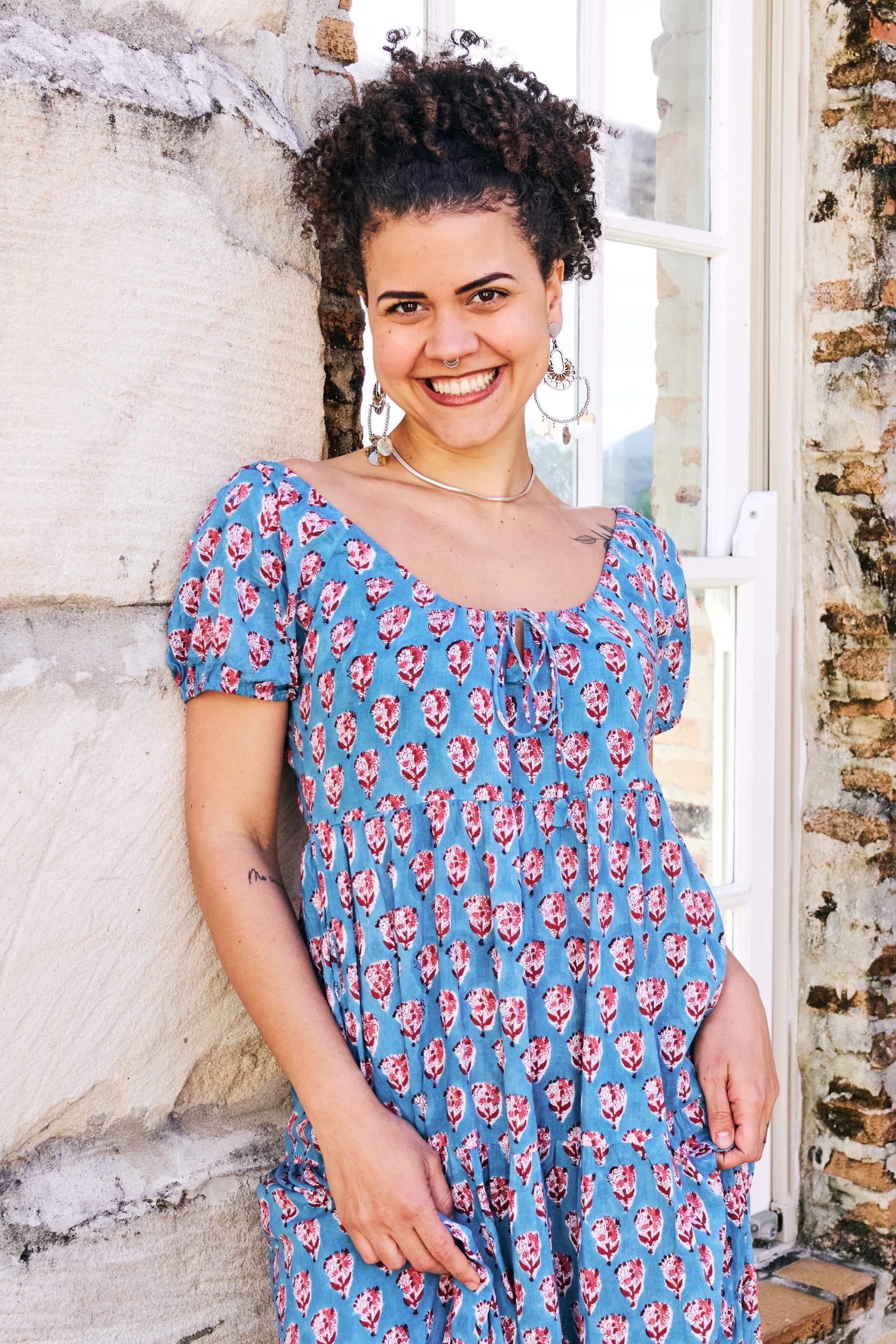 Womens, maxi, Odette Dress, cap sleeves, tiered, low neckline. 100% Cotton, hand block print. Soft & Feminine - Blue Gem