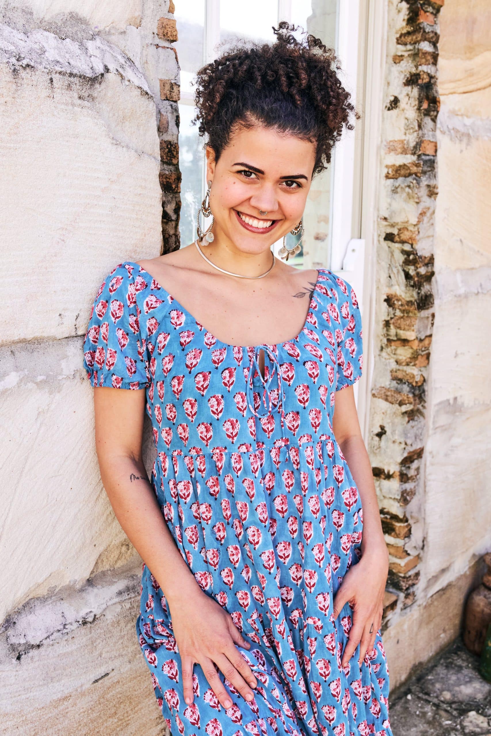 Womens, maxi, Odette Dress, cap sleeves, tiered, low neckline. 100% Cotton, hand block print. Soft & Feminine - Blue Gem