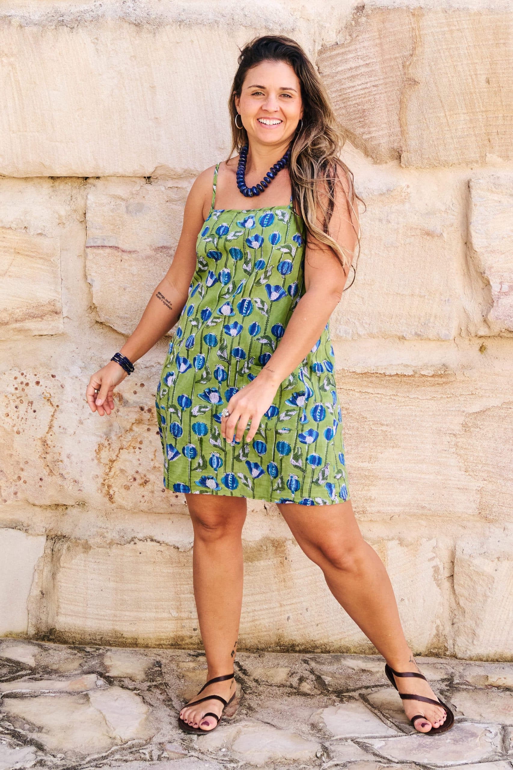 Womens, mini, Peggy Dress, adjustable spaghetti straps, 100% Cotton, hand block print. Summer Green - Verde