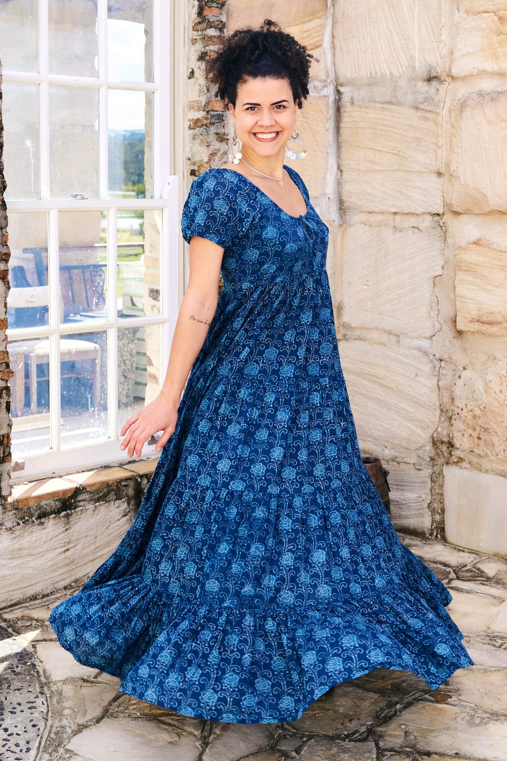 Womens, maxi, Odette Dress, cap sleeves, tiered, low neckline. 100% Cotton, hand block print. Natural Indigo Blue - Indigo Lila