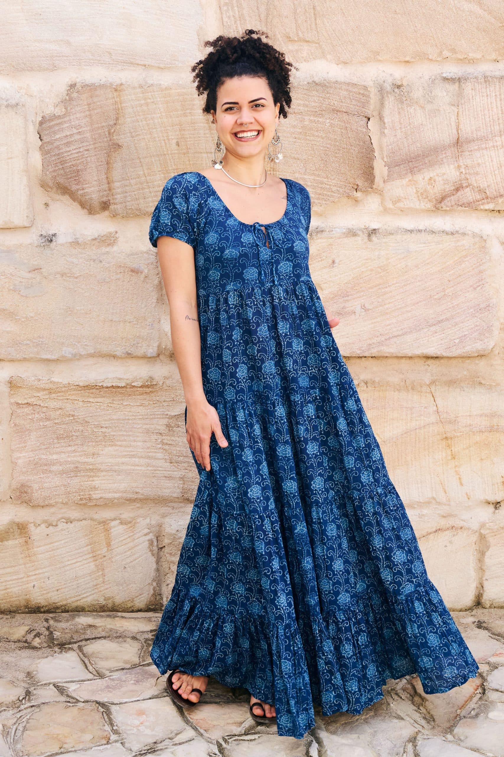 Womens, maxi, Odette Dress, cap sleeves, tiered, low neckline. 100% Cotton, hand block print. Natural Indigo Blue - Indigo Lila