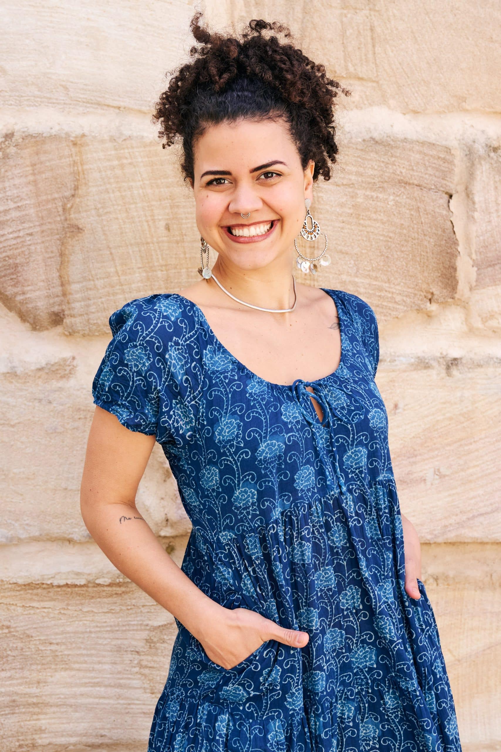 Womens, maxi, Odette Dress, cap sleeves, tiered, low neckline. 100% Cotton, hand block print. Natural Indigo Blue - Indigo Lila