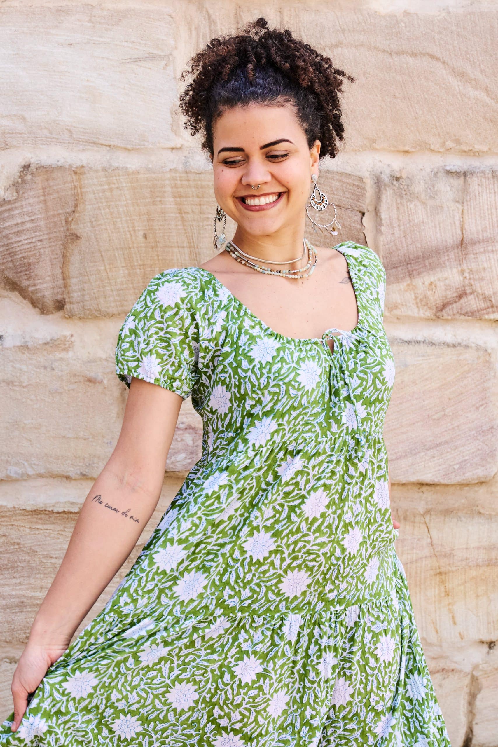 Womens, maxi, Odette Dress, cap sleeves, tiered, low neckline. 100% Cotton, hand block print. Fresh Green - Evergreen