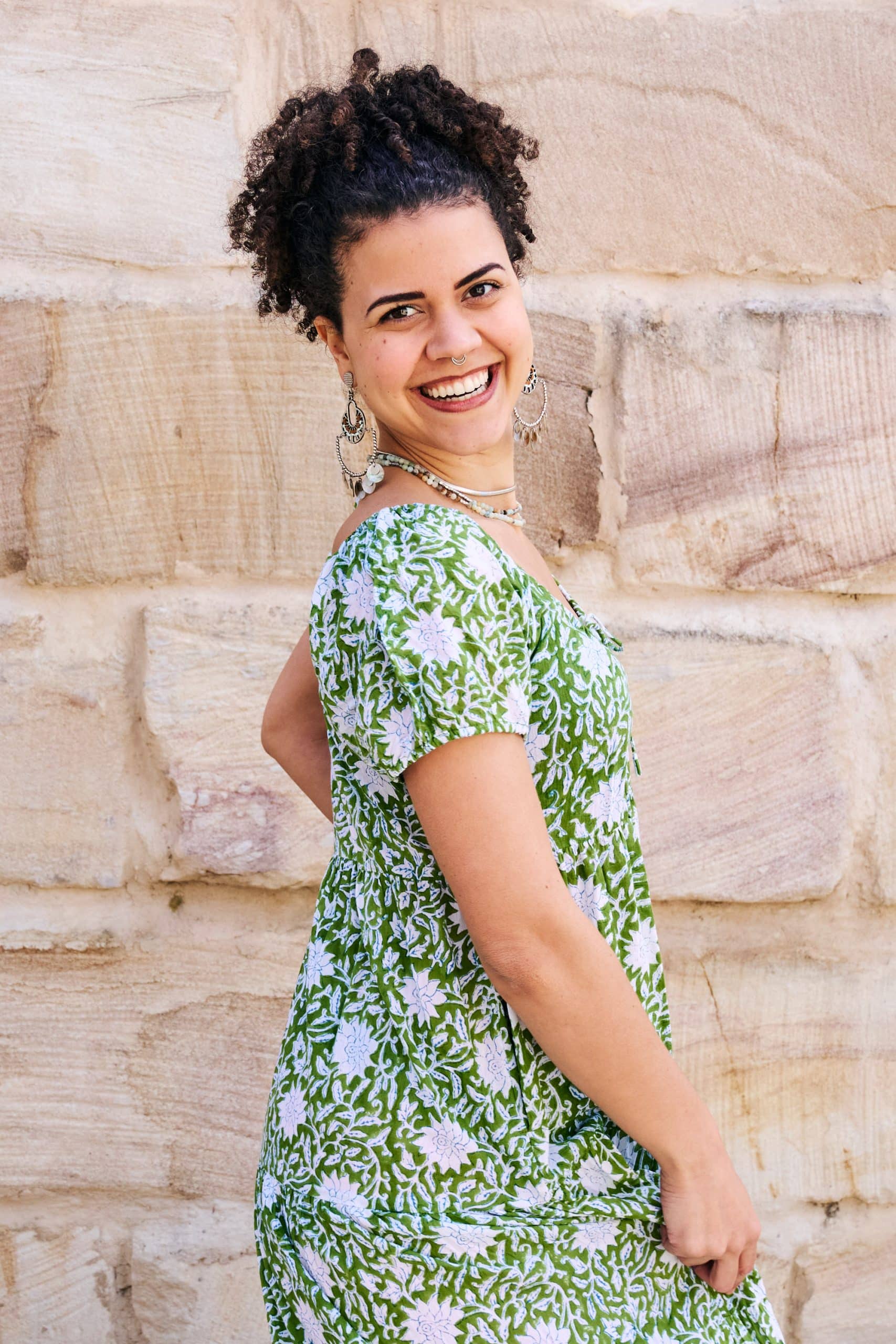Womens, maxi, Odette Dress, cap sleeves, tiered, low neckline. 100% Cotton, hand block print. Fresh Green - Evergreen