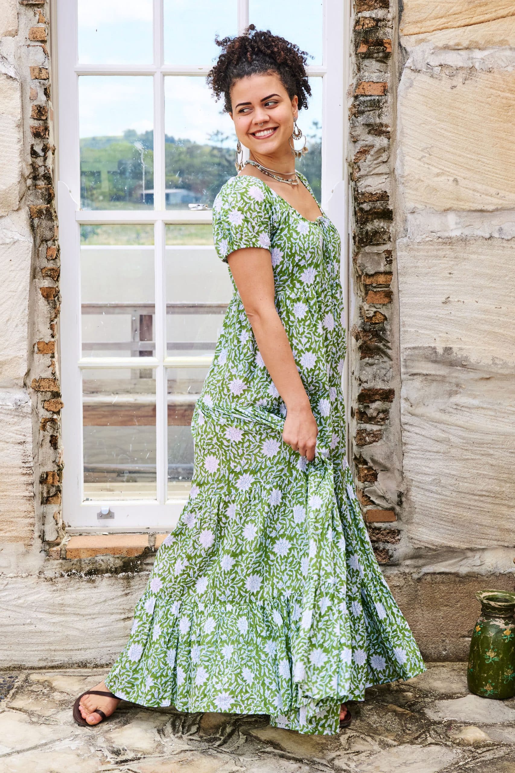 Womens, maxi, Odette Dress, cap sleeves, tiered, low neckline. 100% Cotton, hand block print. Fresh Green - Evergreen