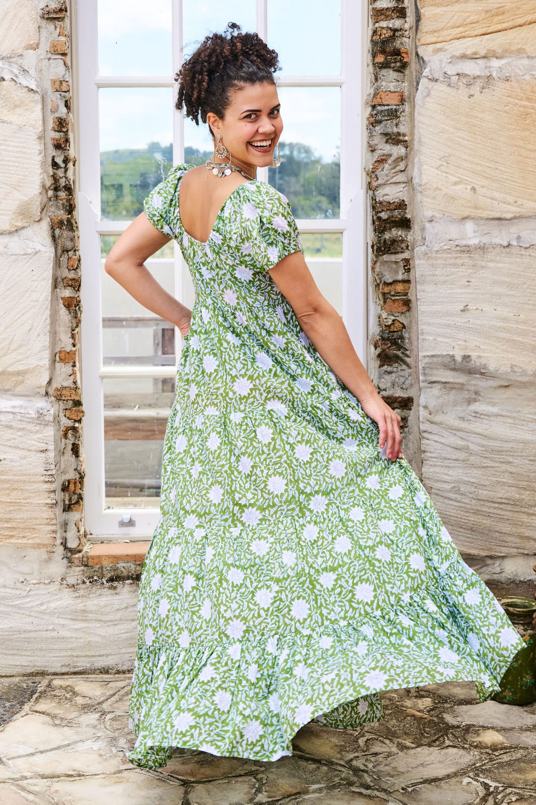 Womens, maxi, Odette Dress, cap sleeves, tiered, low neckline. 100% Cotton, hand block print. Fresh Green - Evergreen