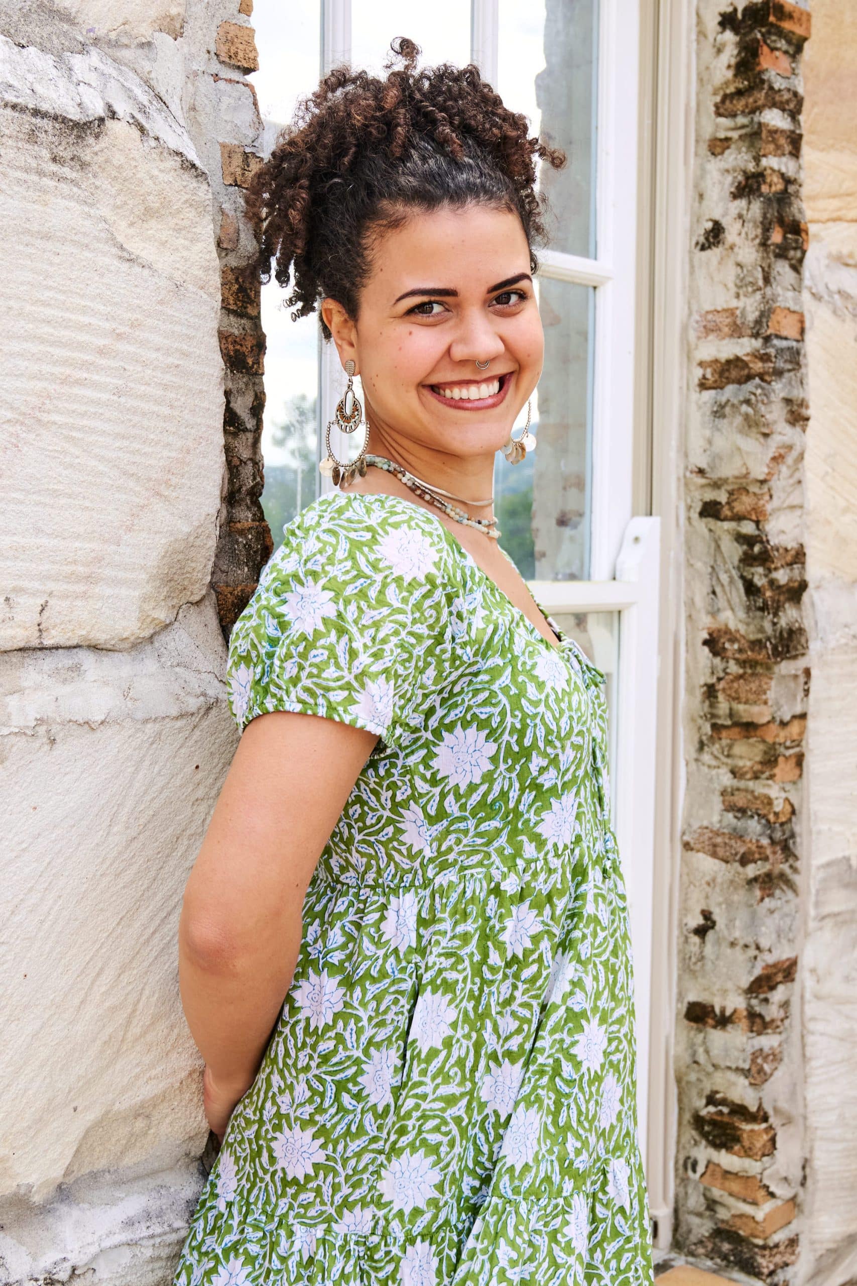 Womens, maxi, Odette Dress, cap sleeves, tiered, low neckline. 100% Cotton, hand block print. Fresh Green - Evergreen