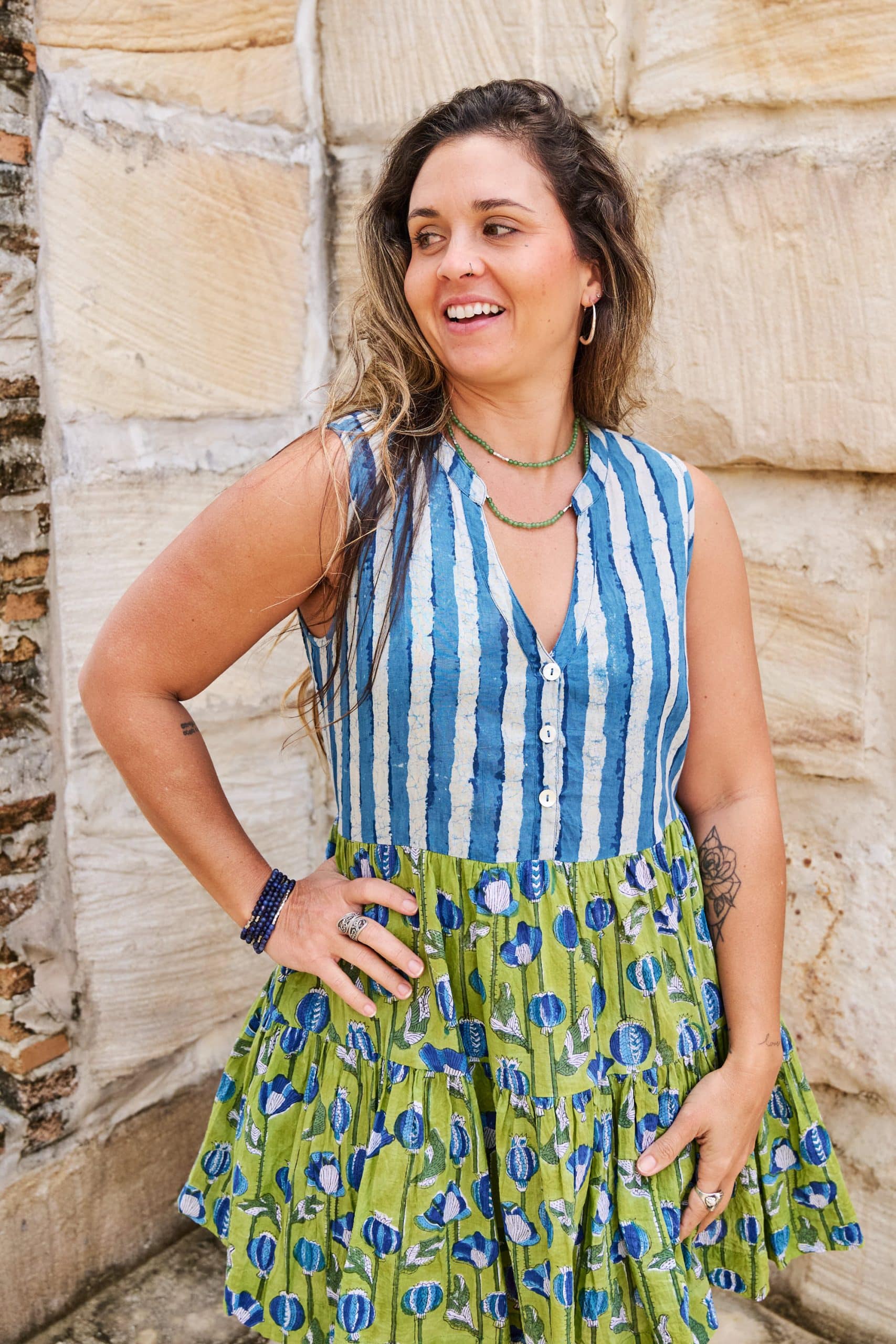 Womens, mini, Minjhali, sleeveless, 100% Cotton, hand block print. Indigo Nautic & Verde