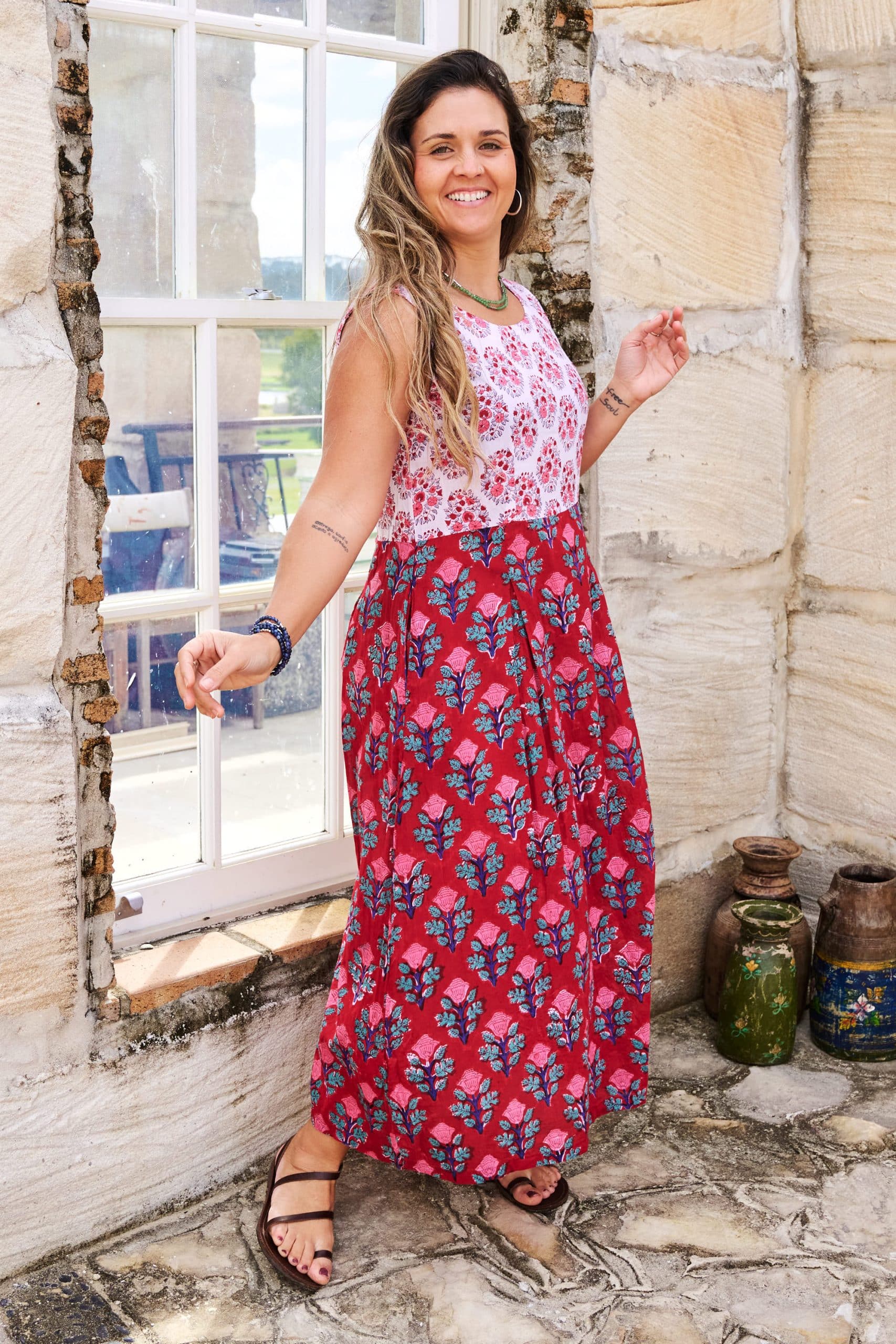 Womens, midi, Danielle Dress, sleeveless, 100% Cotton, hand block print. Pink and Red. Parisa & Ruby Veda.