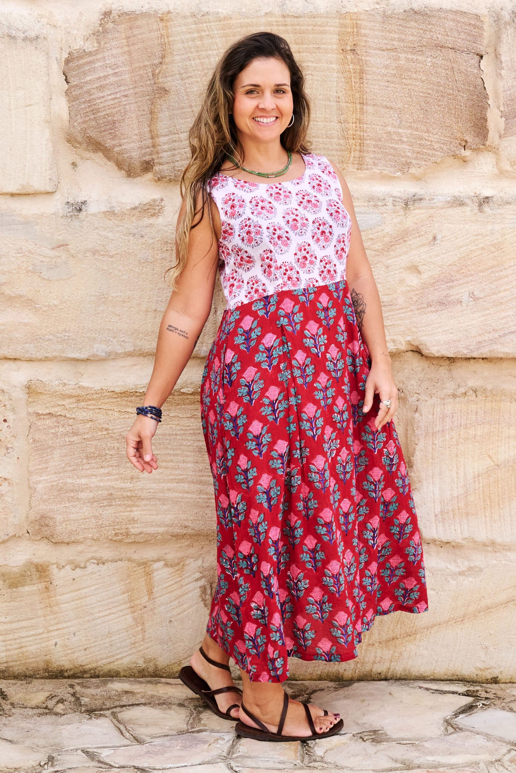 Womens, midi, Danielle Dress, sleeveless, 100% Cotton, hand block print. Pink and Red. Parisa & Ruby Veda.