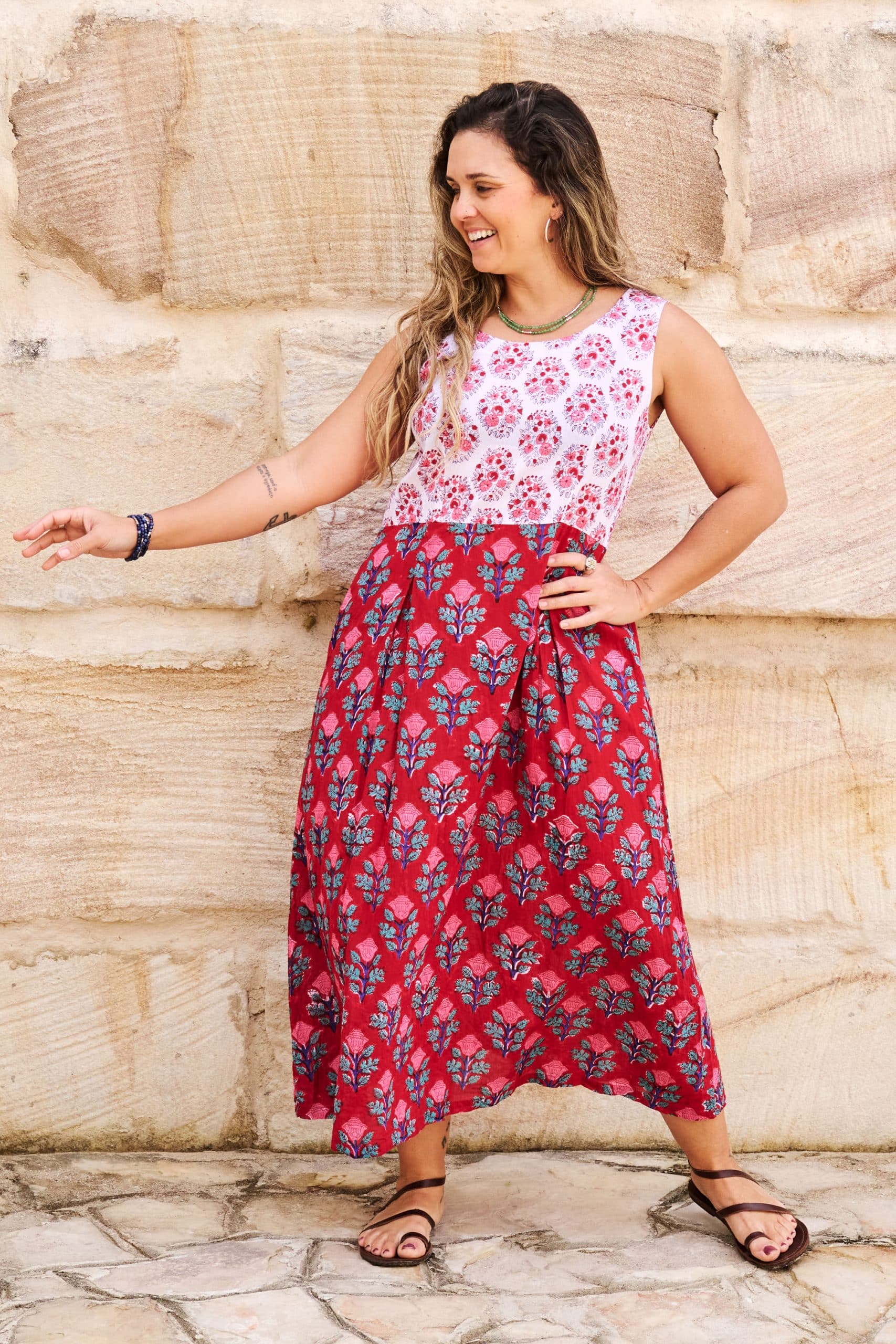 Womens, midi, Danielle Dress, sleeveless, 100% Cotton, hand block print. Pink and Red. Parisa & Ruby Veda.