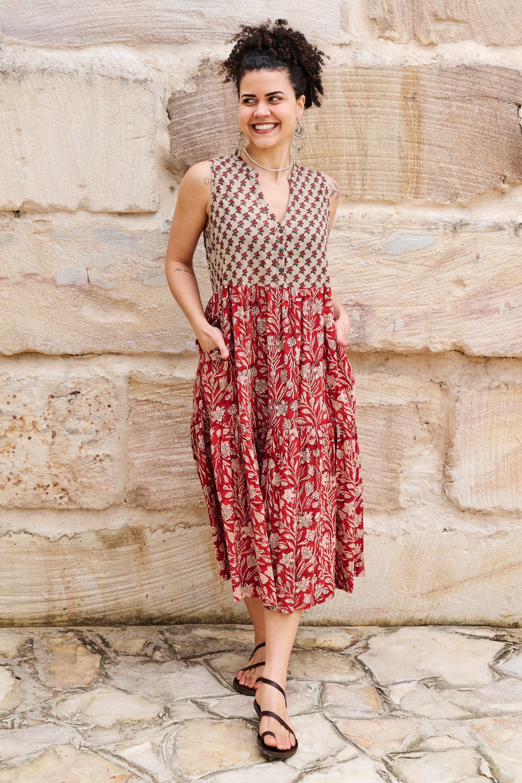 Womens, midi, Jhali Dress, sleeveless, 100% Cotton, hand block print. Natural Rustic Red - Rubira