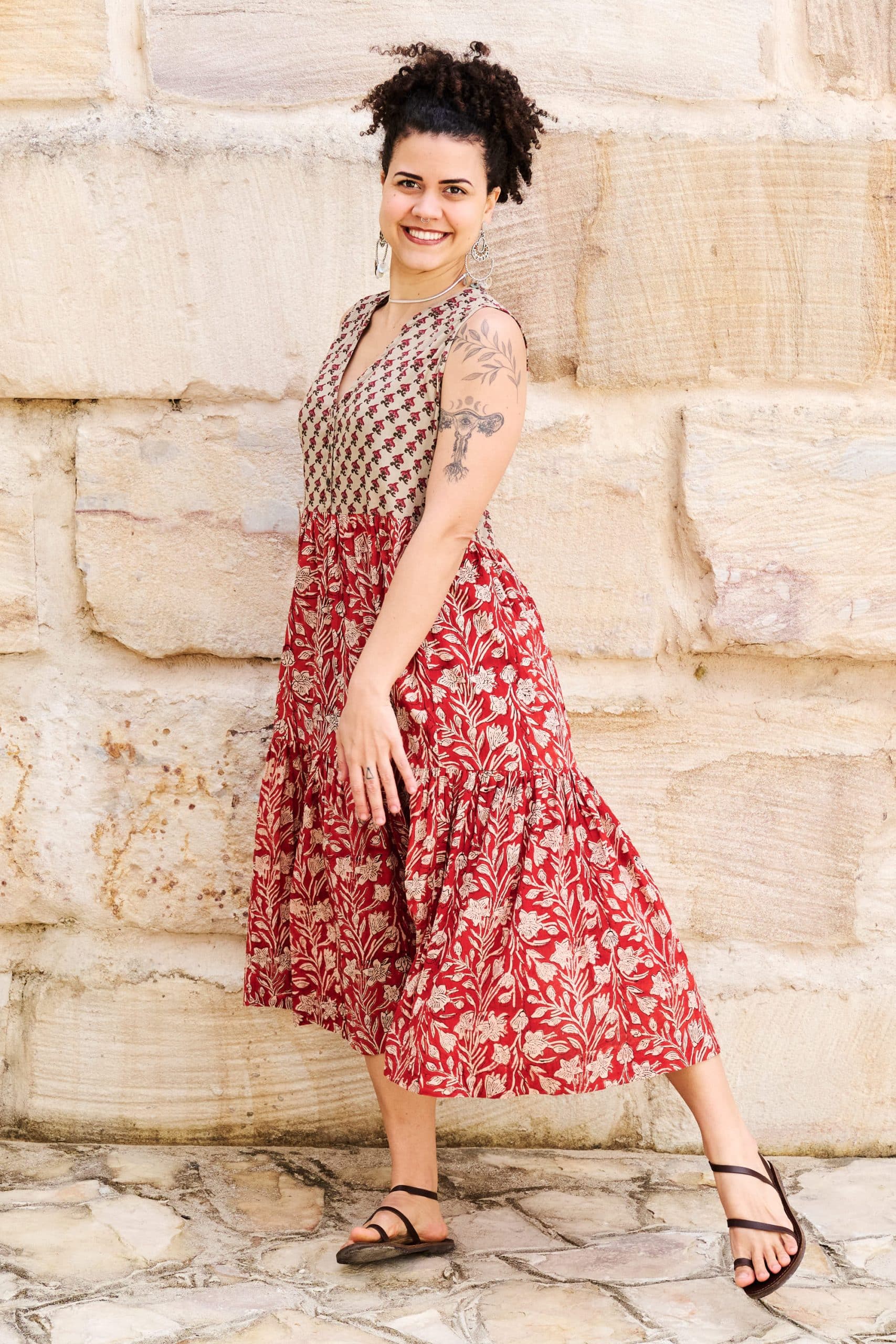 Womens, midi, Jhali Dress, sleeveless, 100% Cotton, hand block print. Natural Rustic Red - Rubira