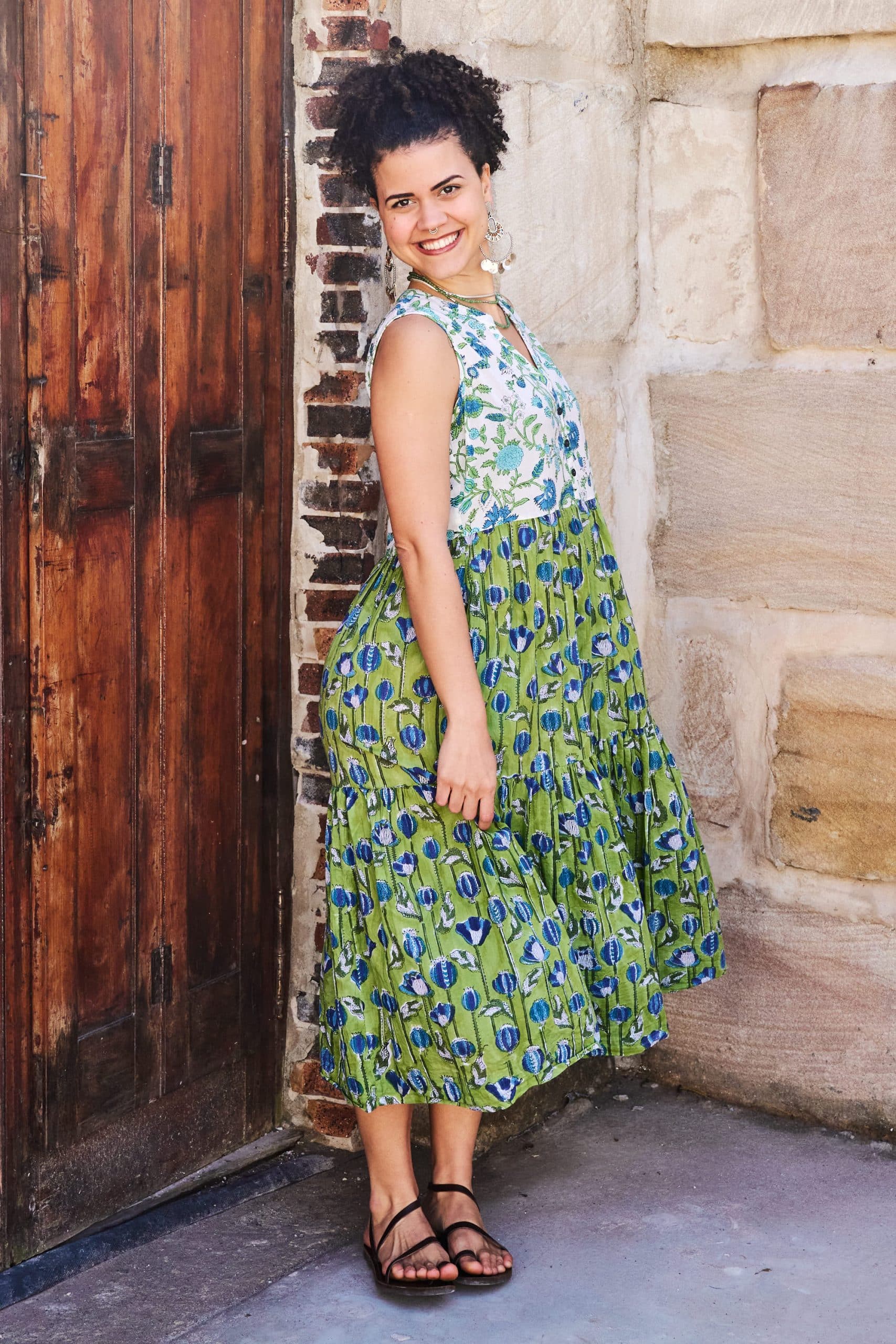 Womens, midi, Jhali Dress, sleeveless, 100% Cotton, hand block print. Summer Green - Verde