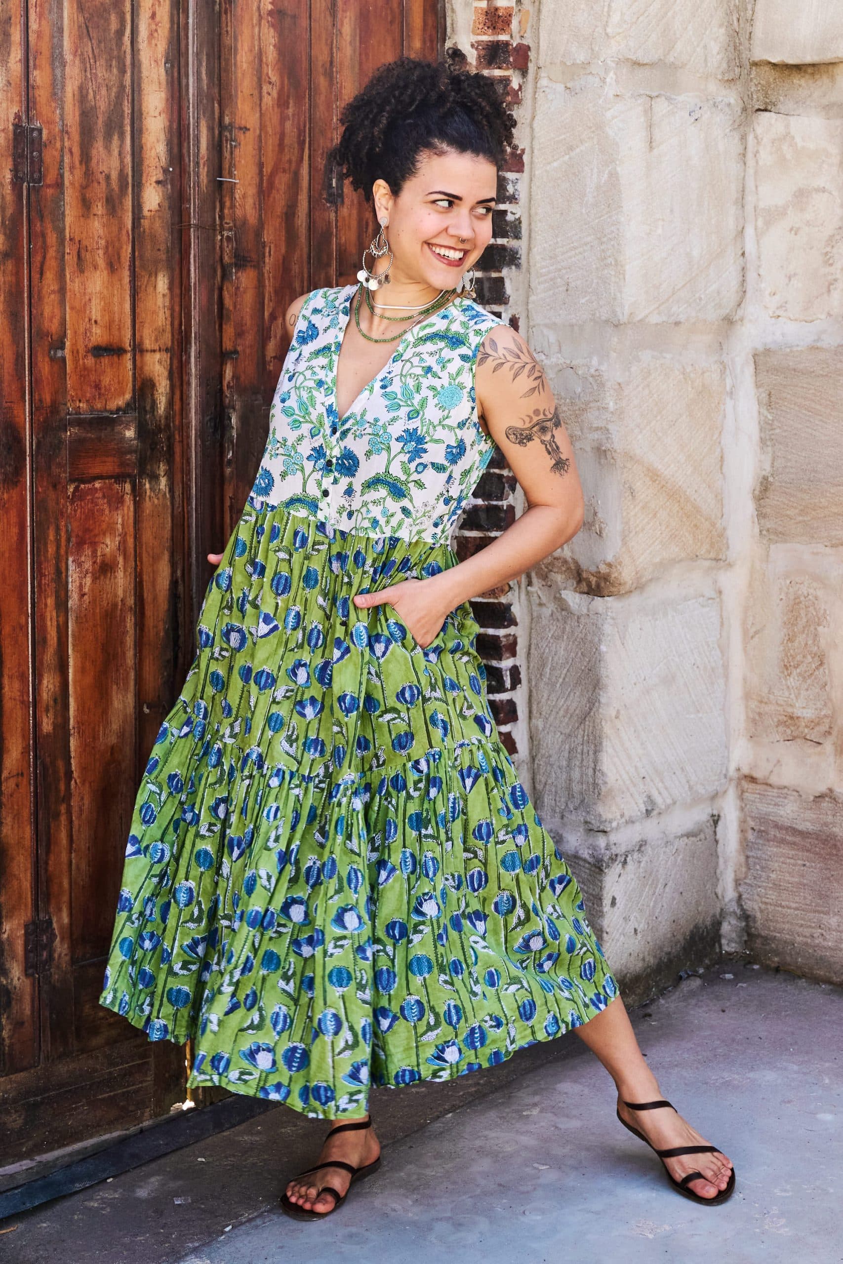 Womens, midi, Jhali Dress, sleeveless, 100% Cotton, hand block print. Summer Green - Verde