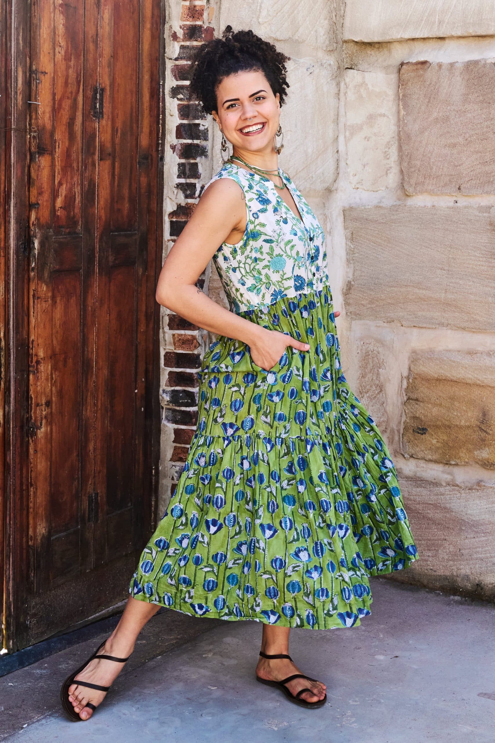 Womens, midi, Jhali Dress, sleeveless, 100% Cotton, hand block print. Summer Green - Verde