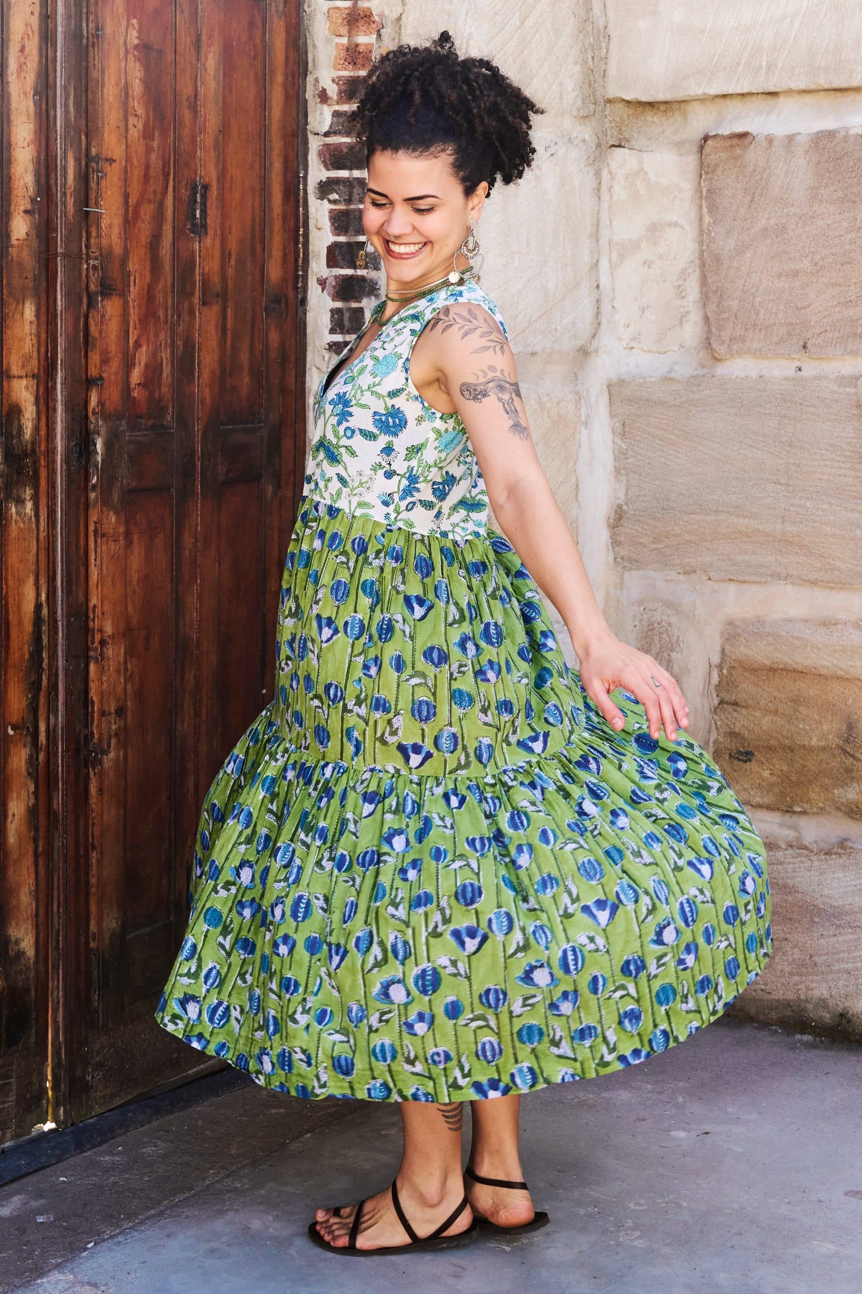 Womens, midi, Jhali Dress, sleeveless, 100% Cotton, hand block print. Summer Green - Verde