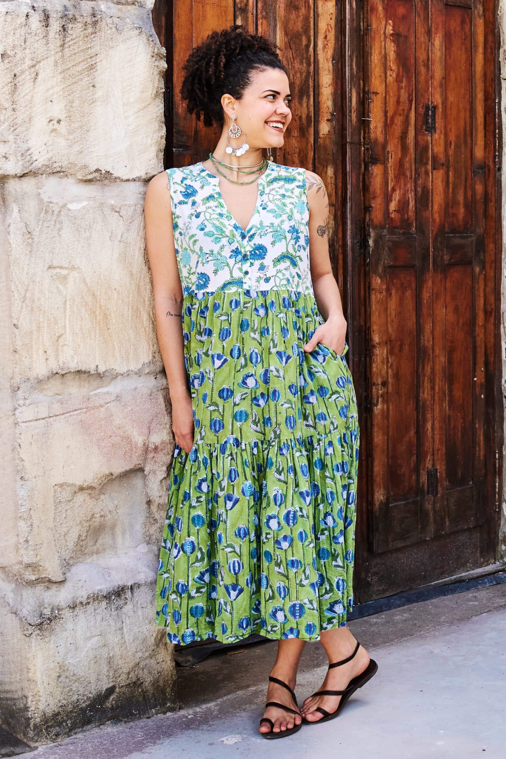 Womens, midi, Jhali Dress, sleeveless, 100% Cotton, hand block print. Summer Green - Verde