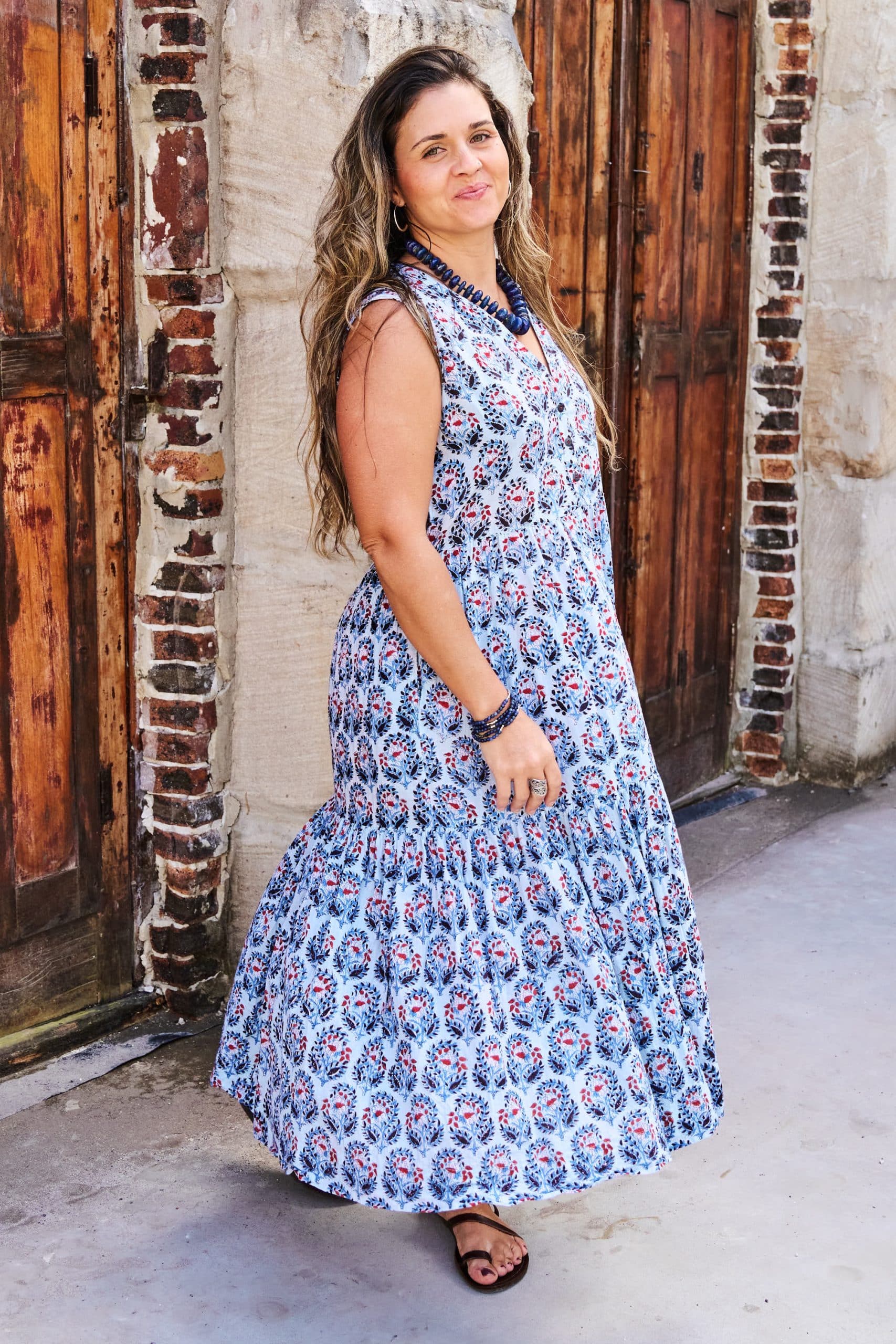 Womens, midi, Jhali Dress, sleeveless, 100% Cotton, hand block print. Saphire Blue - Saphira