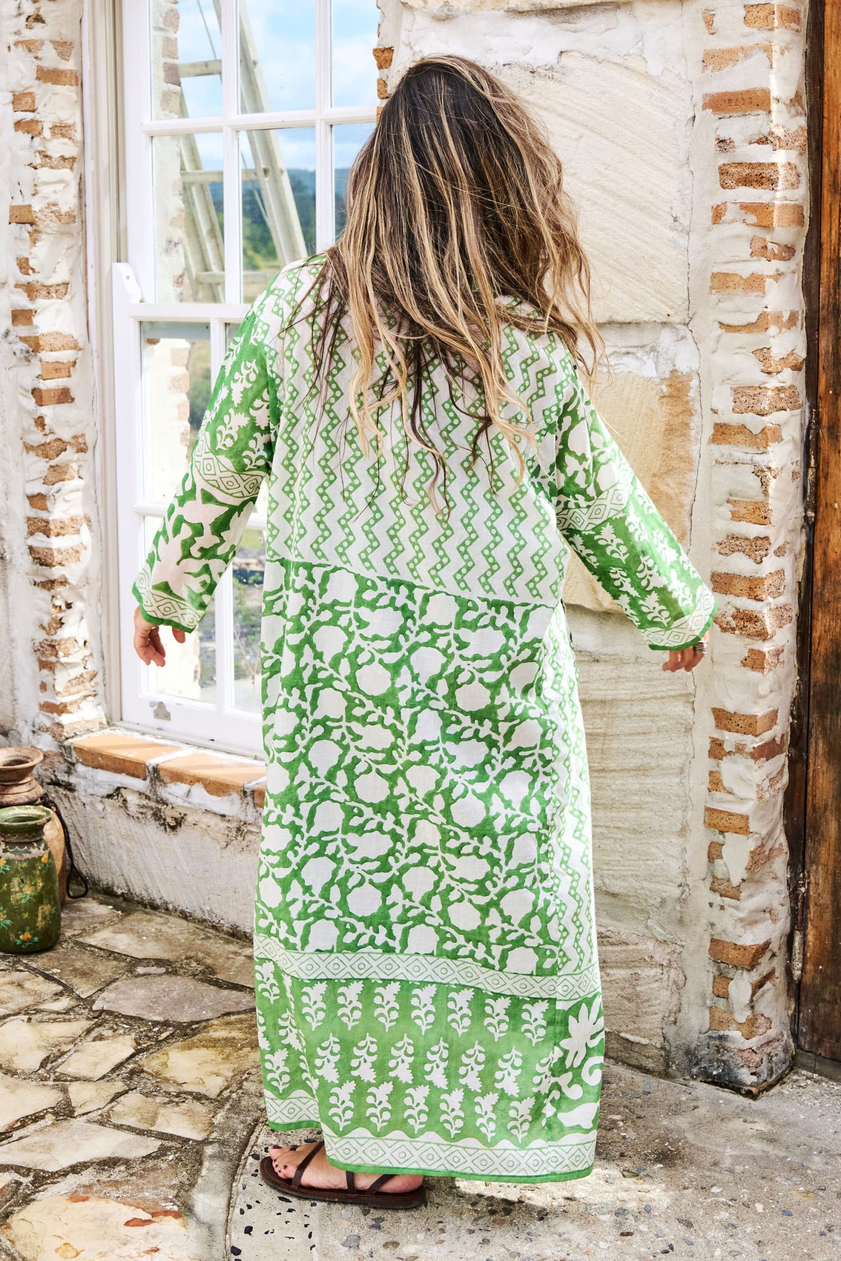 Womens, midi, maxi, Persia, Dress, long sleeves, 100% Cotton, hand block print. Summer Green - Fern